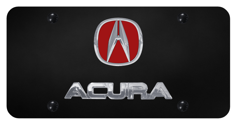 Dual Acura (Red Fill) License Plate - Chrome on Black