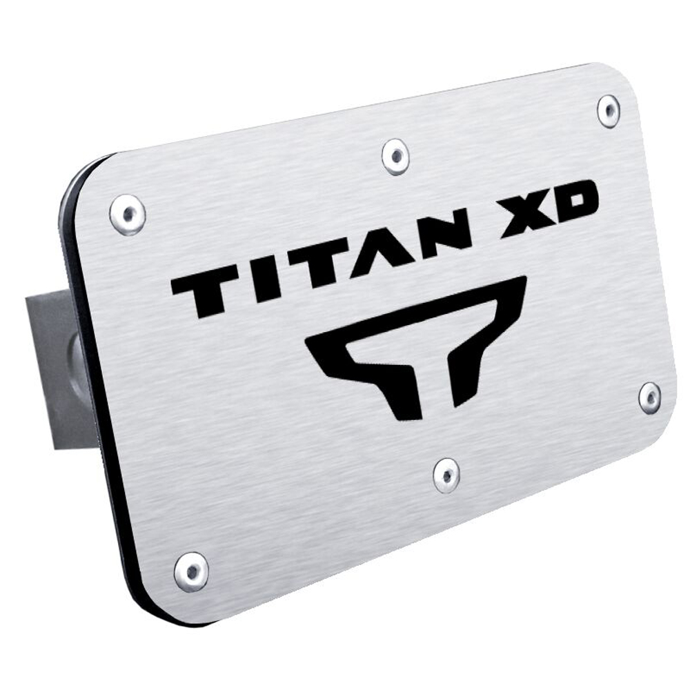 Nissan Titan XD Stainless Steel Name & Logo Hitch Plug - Hitch Class and Finish:Rugged Black - Class II