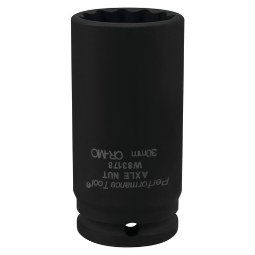 PERFORMANCE TOOL 1/2" DRIVE 30MM 12PT. AXLE NUT SOCKET CHROME MOLY