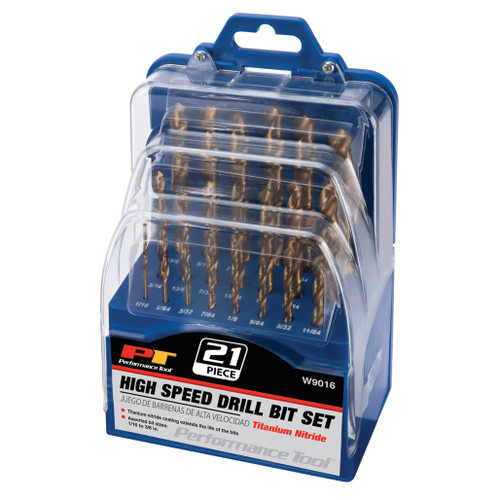 PERFORMANCE TOOL 21-PIECE TITANIUM COATED HIGH SPEED DRILL BIT SET WITH CASE