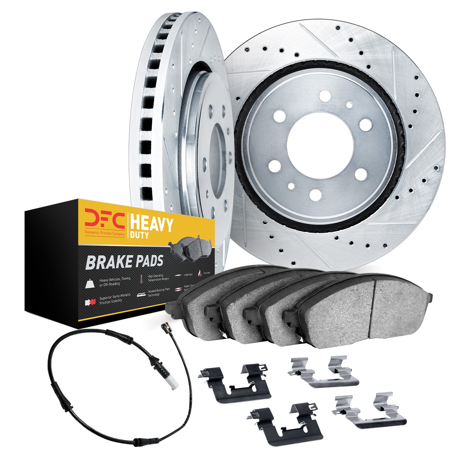 DFC Brake Rotor - Drilled & Slotted - Silver w/HD Brake Pad w/HW Kit & Sensor
