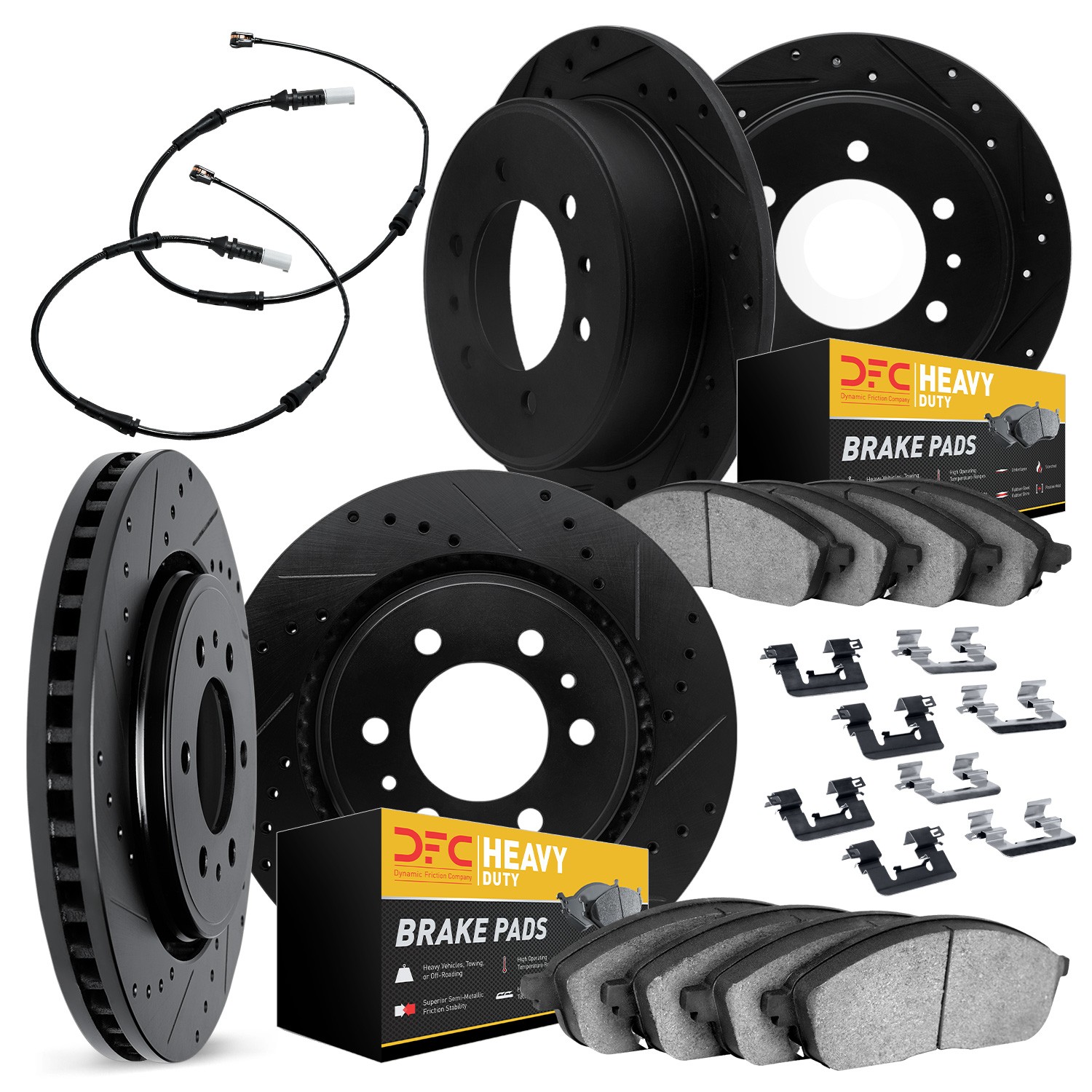 DFC Rotors-Drilled & Slotted-Silver w/ HD Brake Pads Incl Sensor & Hdw