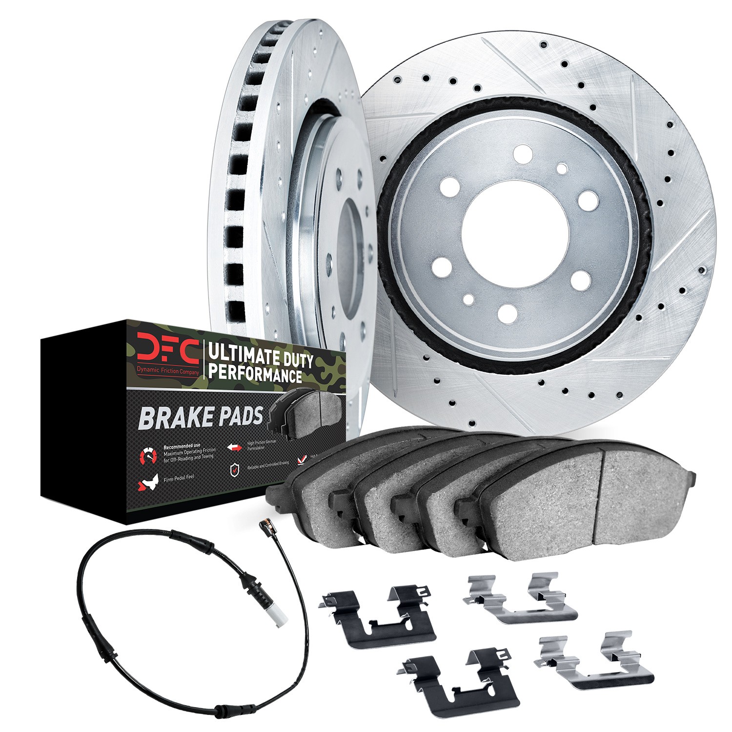 DFC Brake Rotor - Drilled & Slotted - Silver w/HD Brake Pad w/HW Kit & Sensor