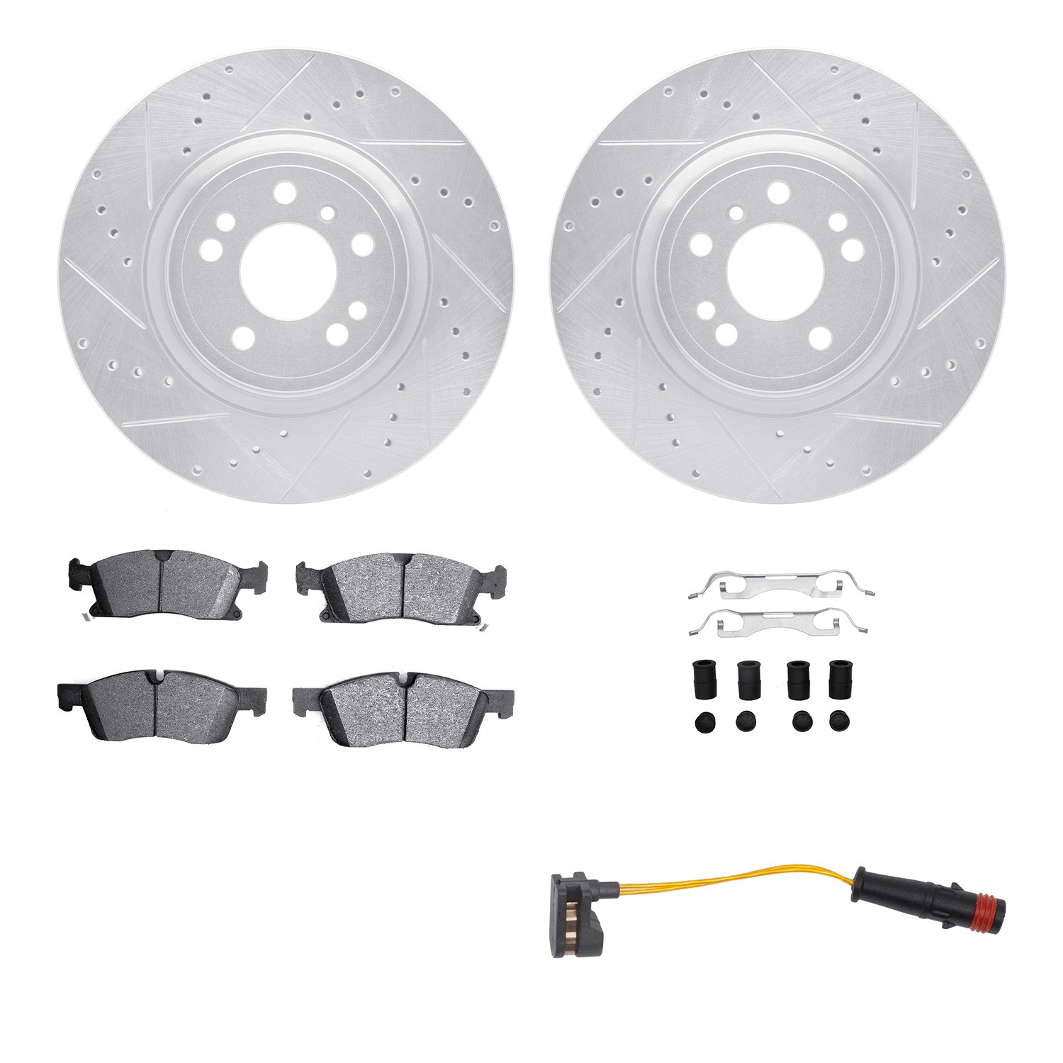 DFC Brake Rotor - Drilled & Slotted - Silver w/HD Brake Pad w/HW Kit & Sensor
