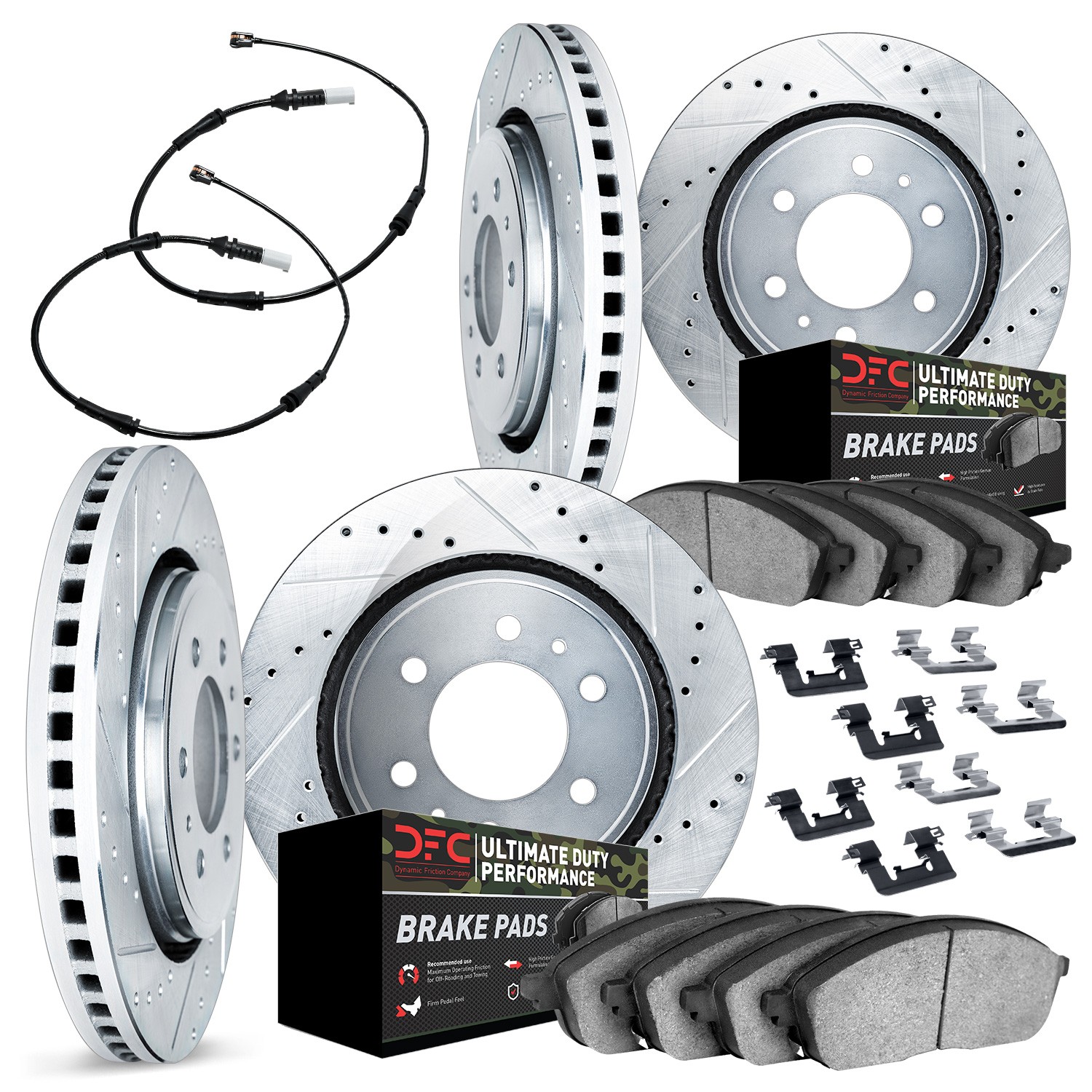 DFC Brake Rotor - Drilled & Slotted - Silver w/HD Brake Pad w/HW Kit & Sensor