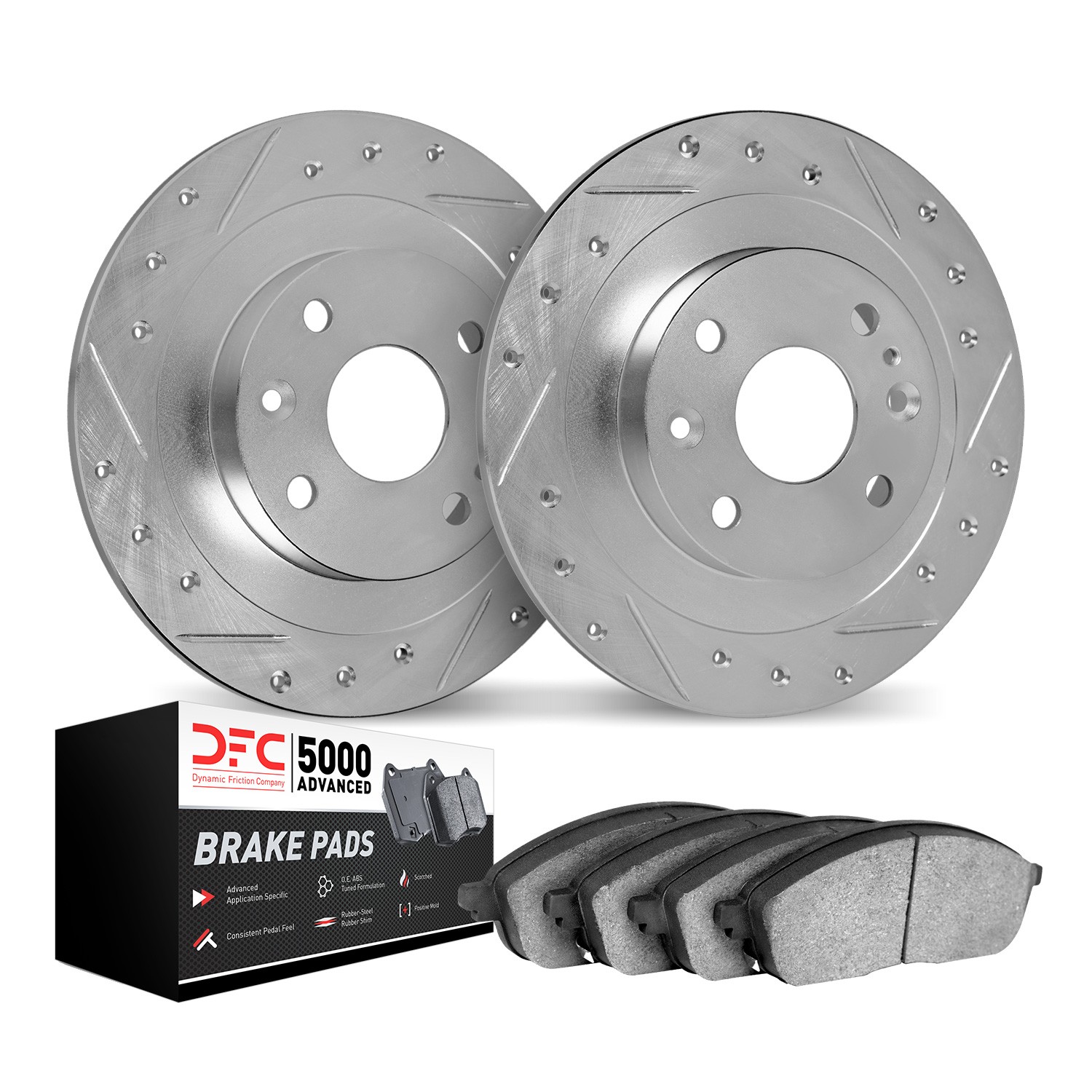 DFC Rotors-Drilled and Slotted-Silver with 5000 Advanced Brake Pads