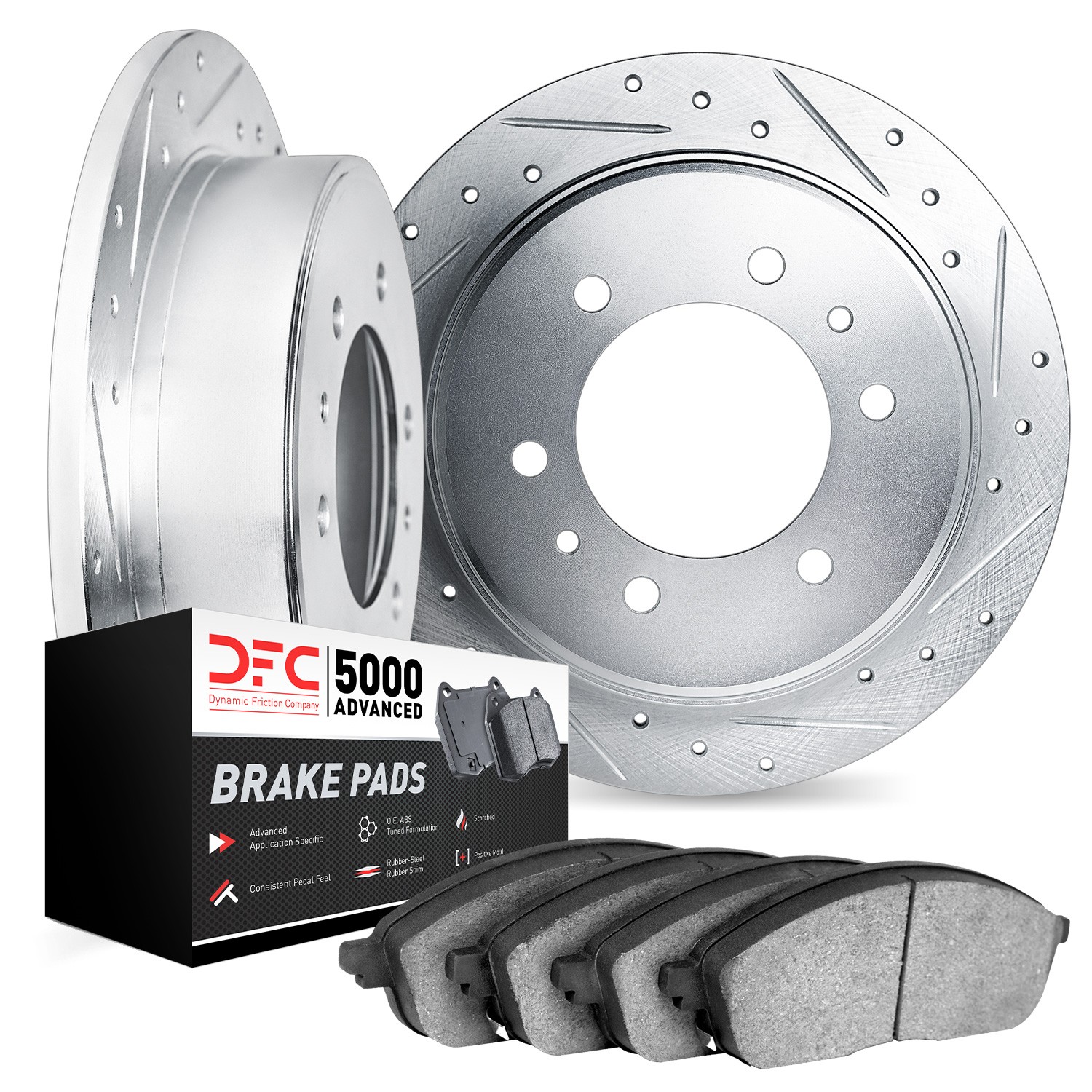 DFC Rotors-Drilled and Slotted-Silver with 5000 Advanced Brake Pads