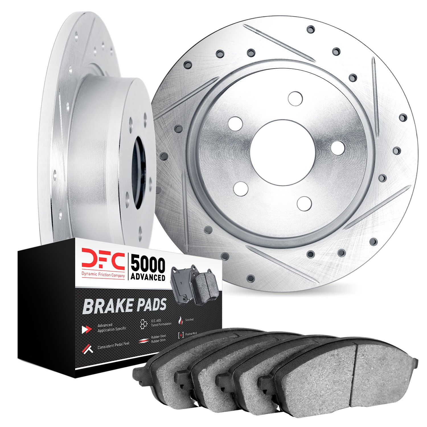 DFC Rotors-Drilled and Slotted-Silver with 5000 Advanced Brake Pads