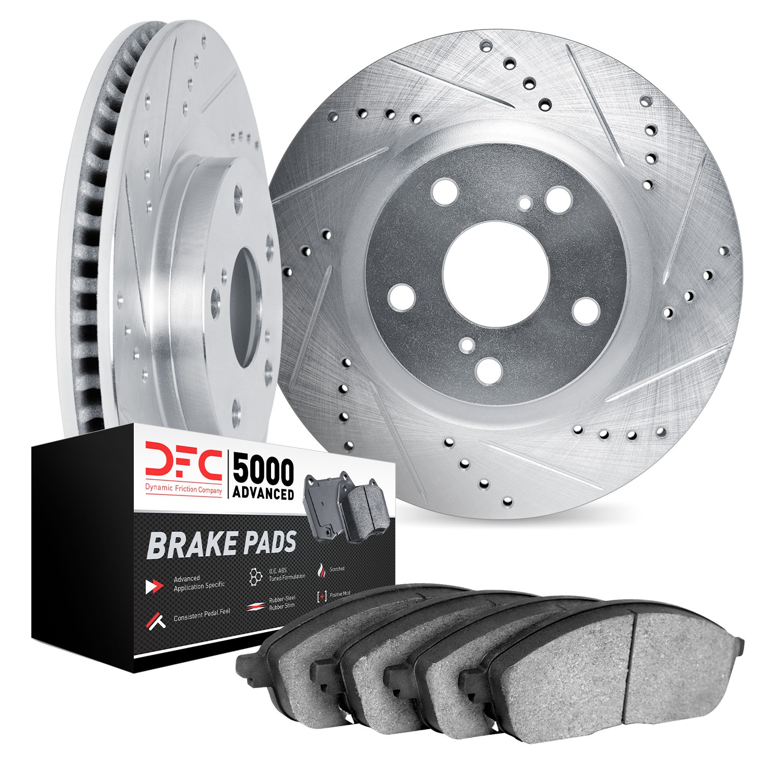 DFC Rotors-Drilled and Slotted-Silver with 5000 Advanced Brake Pads