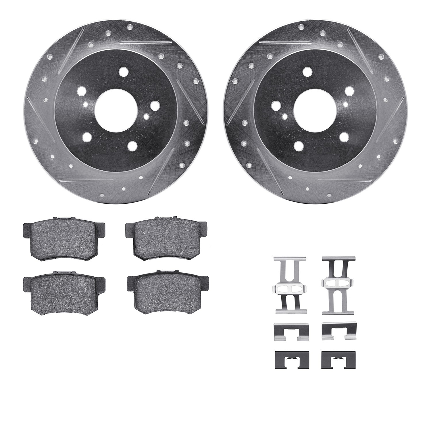 DFC Rotors-Drilled & Slotted-Silver w/ 5000 Advanced Brake Pads Incl Hdw