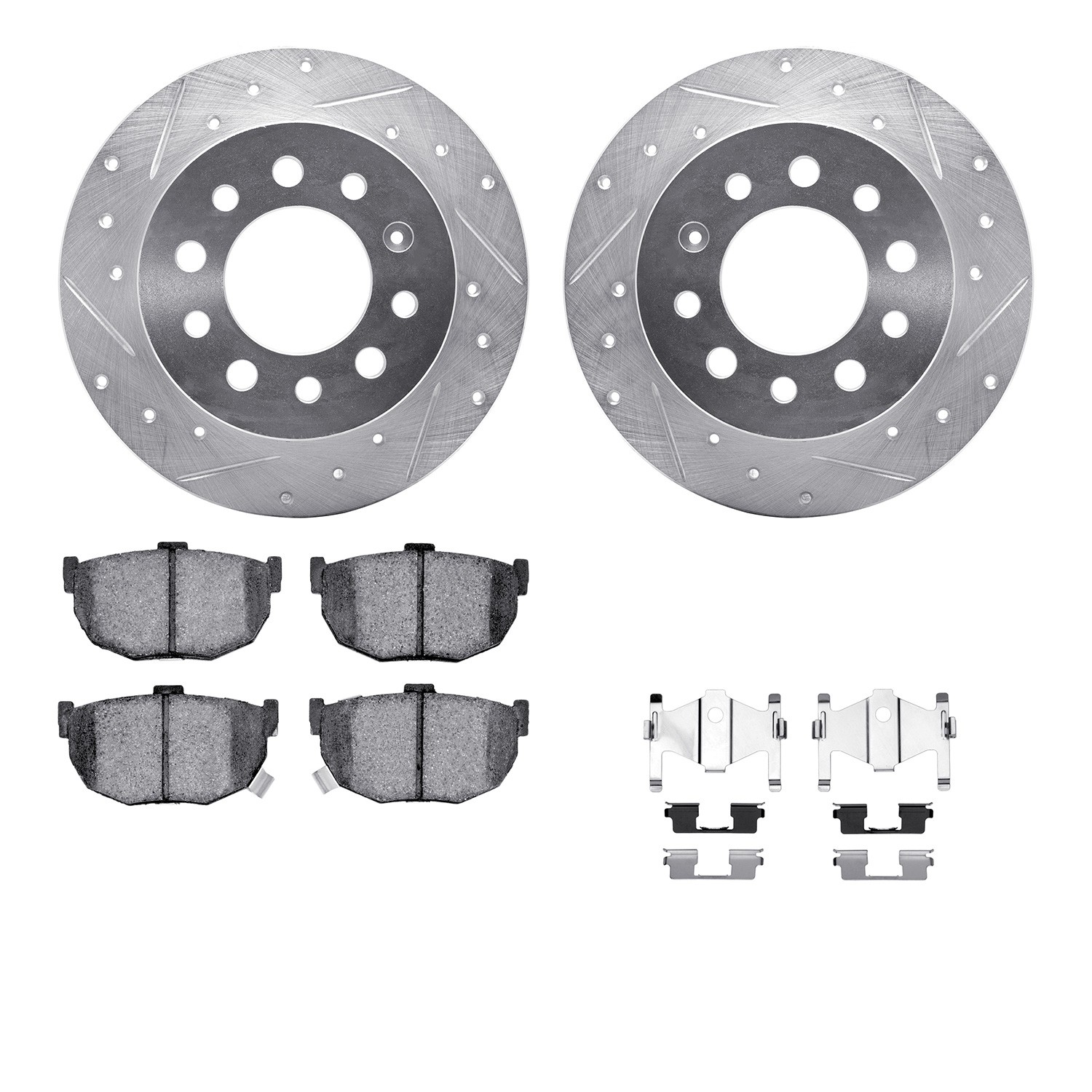 DFC Rotors-Drilled & Slotted-Silver w/ 5000 Advanced Brake Pads Incl Hdw