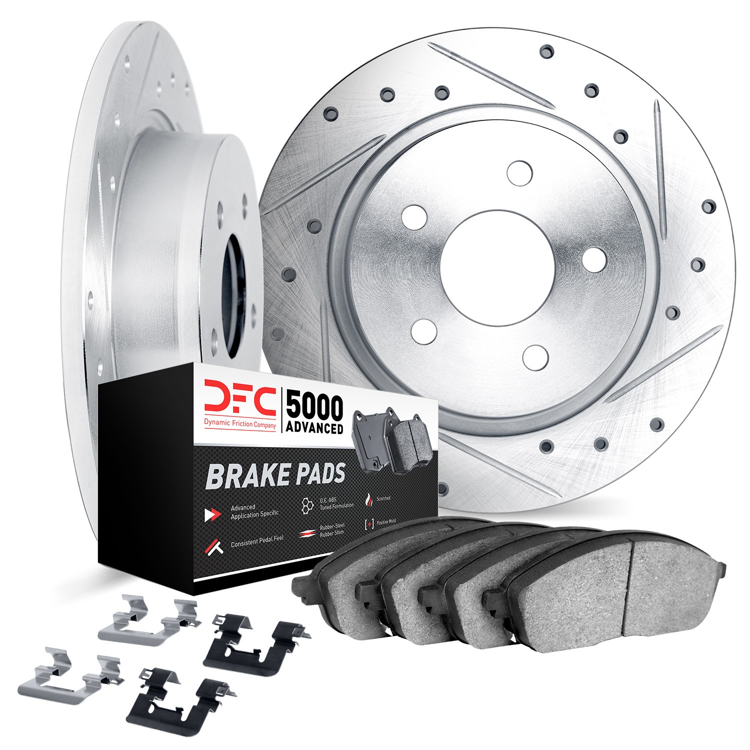 DFC Rotors-Drilled & Slotted-Silver w/ 5000 Advanced Brake Pads Incl Hdw