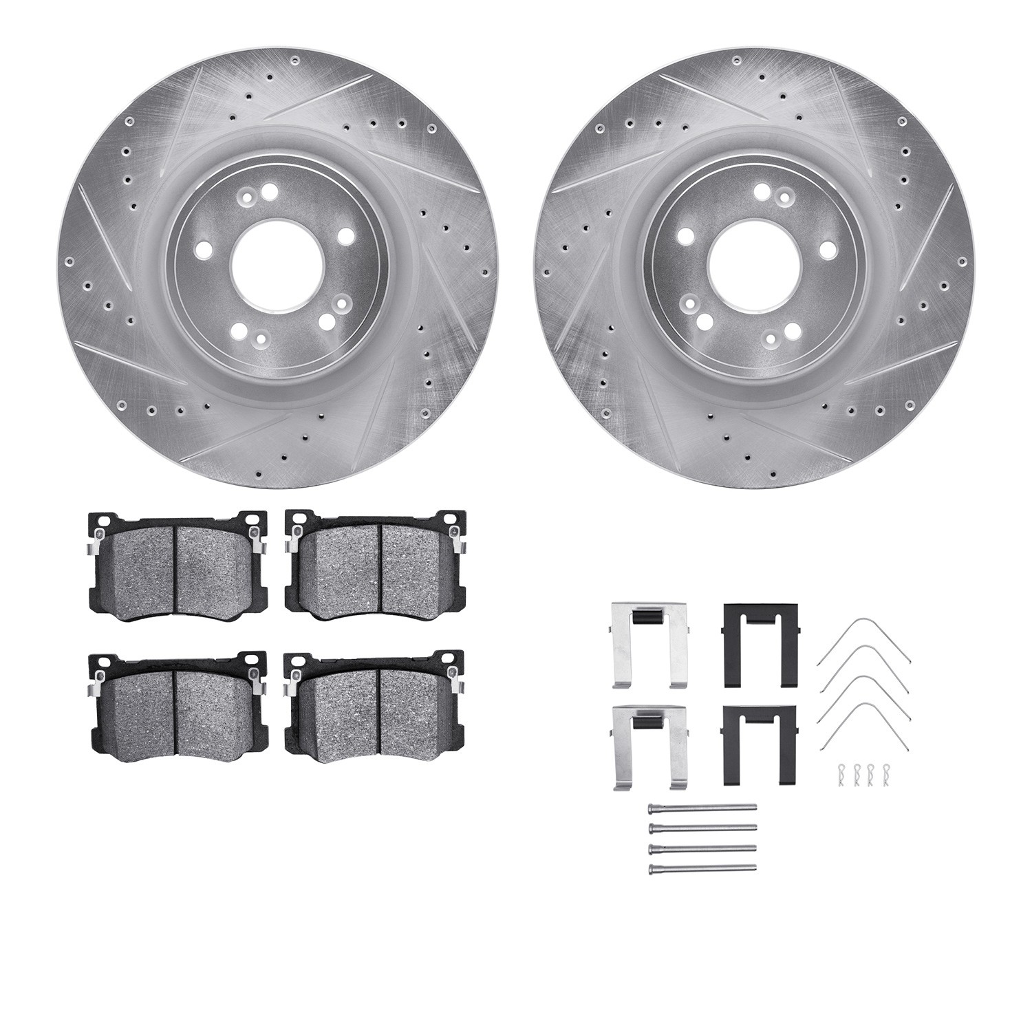 DFC Rotors-Drilled & Slotted-Silver w/ 5000 Advanced Brake Pads Incl Hdw