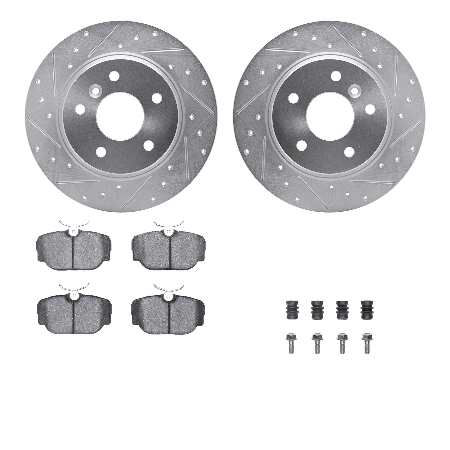 DFC Rotors-Drilled & Slotted-Silver w/ 5000 Advanced Brake Pads Incl Hdw