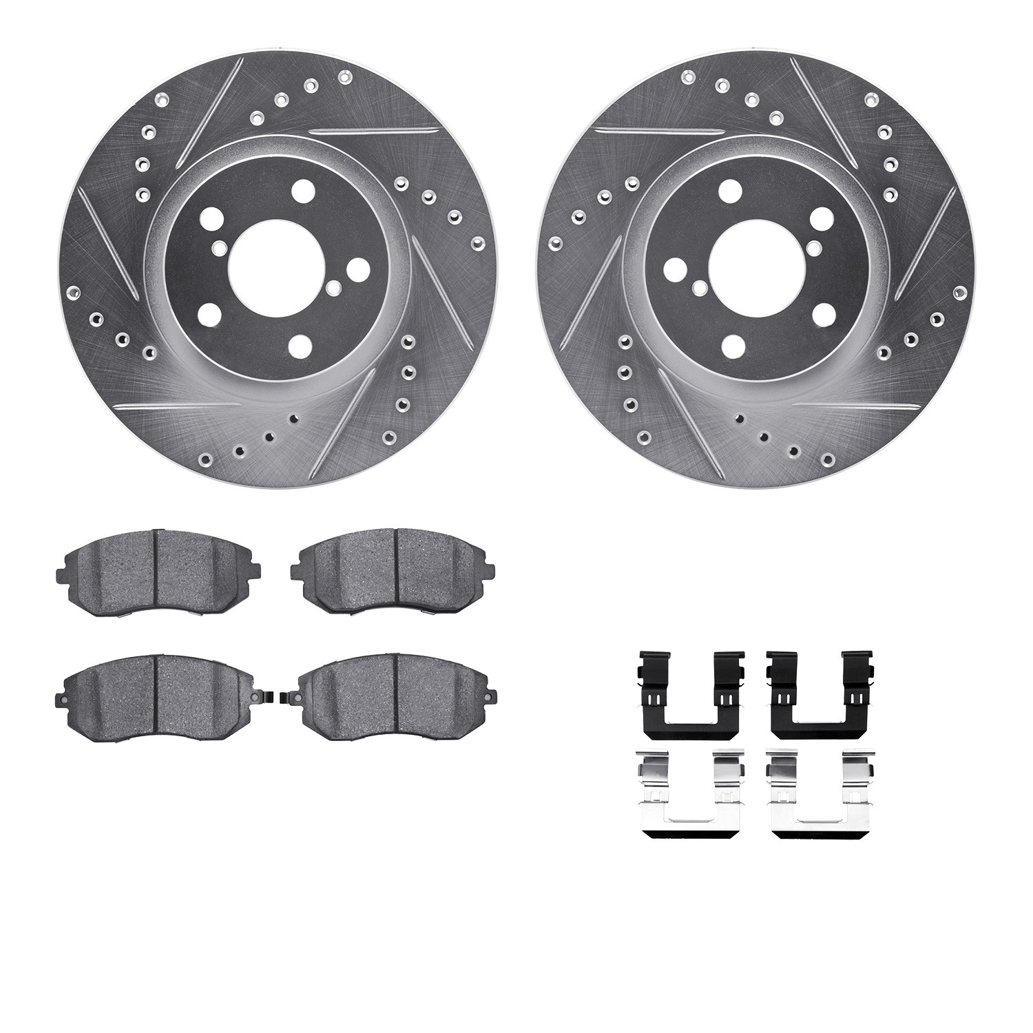 DFC Rotors-Drilled & Slotted-Silver w/ 5000 Advanced Brake Pads Incl Hdw