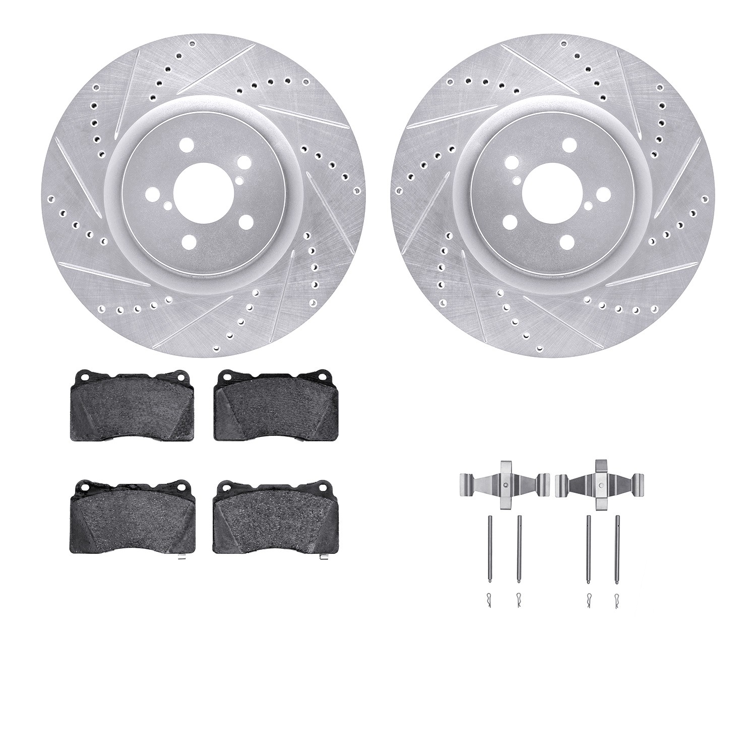 DFC Rotors-Drilled & Slotted-Silver w/ 5000 Advanced Brake Pads Incl Hdw