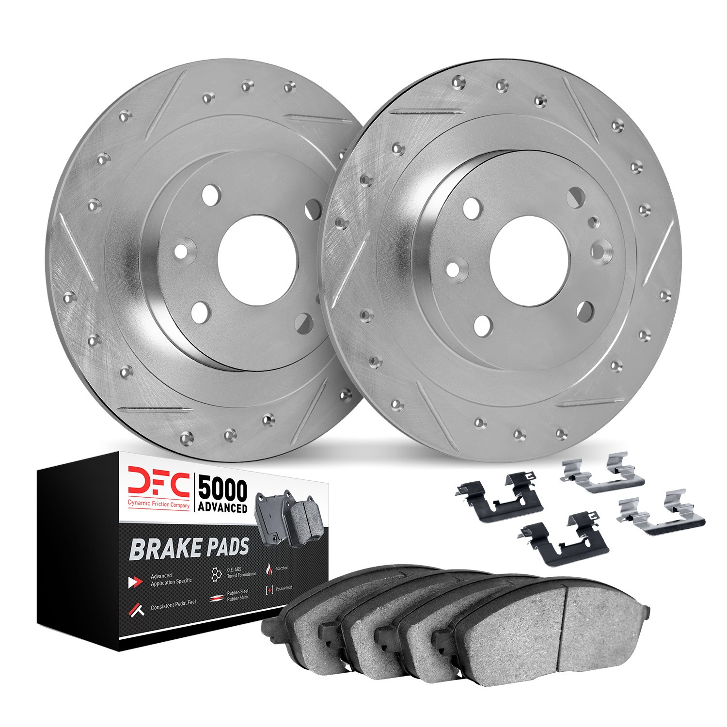 DFC Rotors-Drilled & Slotted-Silver w/ 5000 Advanced Brake Pads Incl Hdw