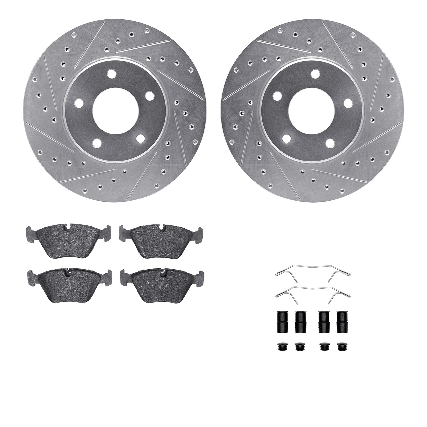 DFC Rotors-Drilled & Slotted-Silver w/ 5000 Advanced Brake Pads Incl Hdw