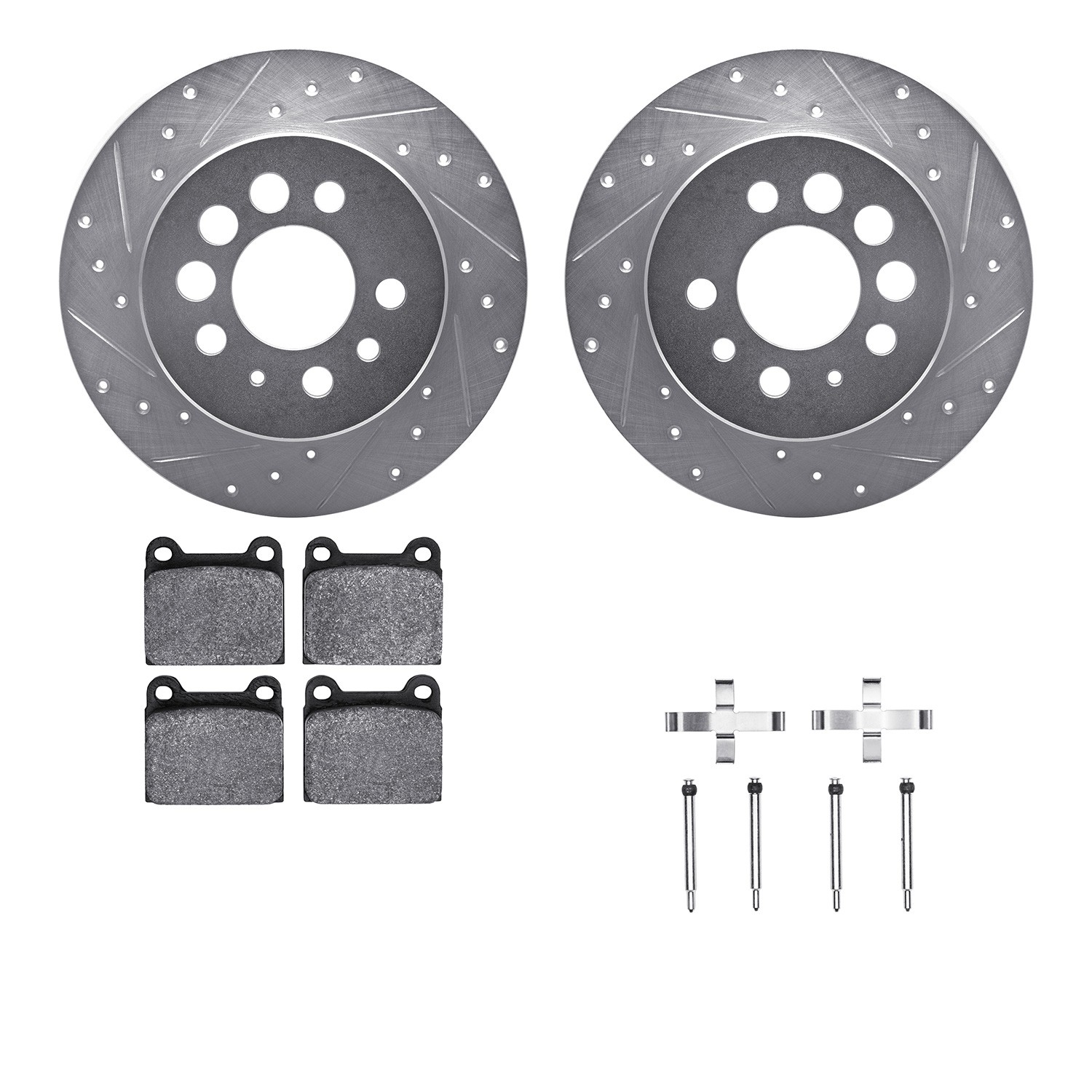 DFC Rotors-Drilled & Slotted-Silver w/ 5000 Advanced Brake Pads Incl Hdw