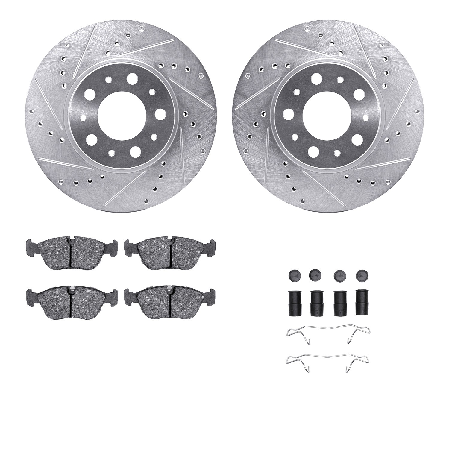 DFC Rotors-Drilled & Slotted-Silver w/ 5000 Advanced Brake Pads Incl Hdw