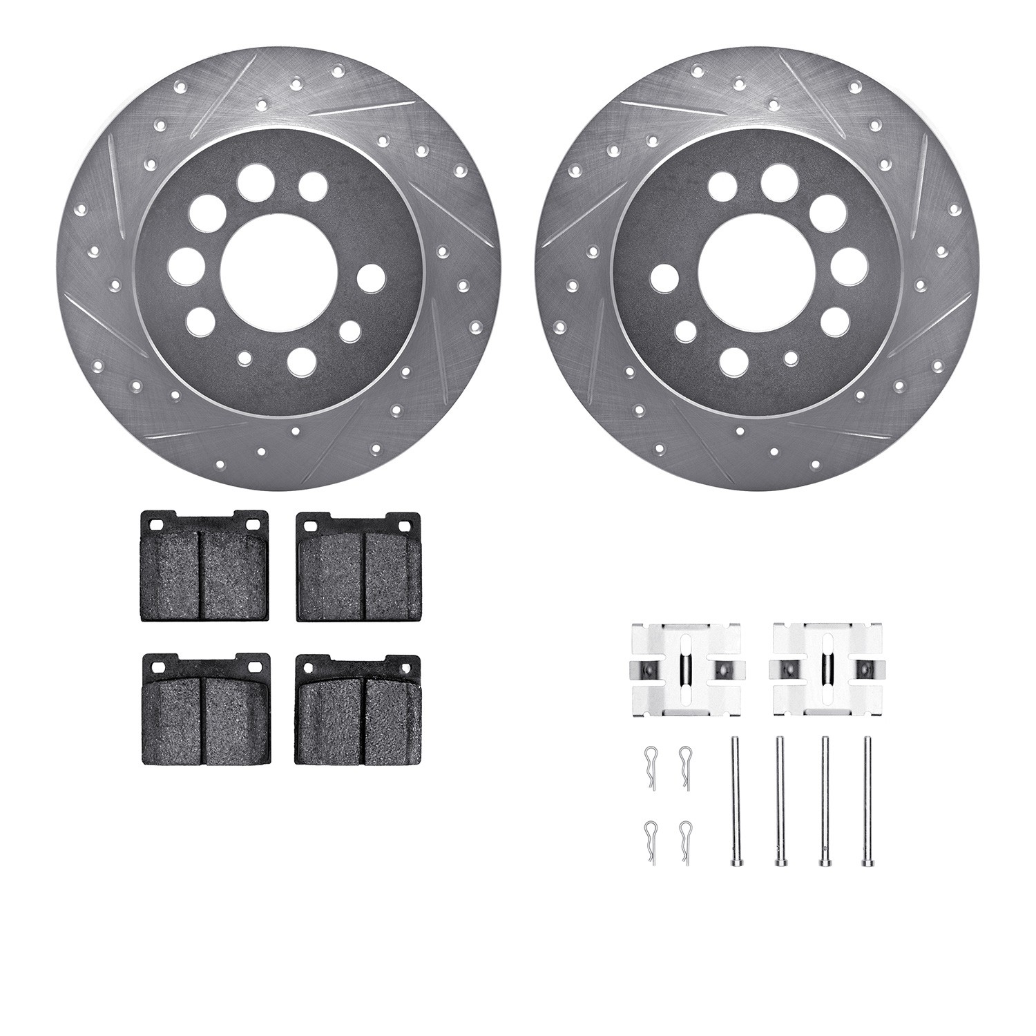 DFC Rotors-Drilled & Slotted-Silver w/ 5000 Advanced Brake Pads Incl Hdw