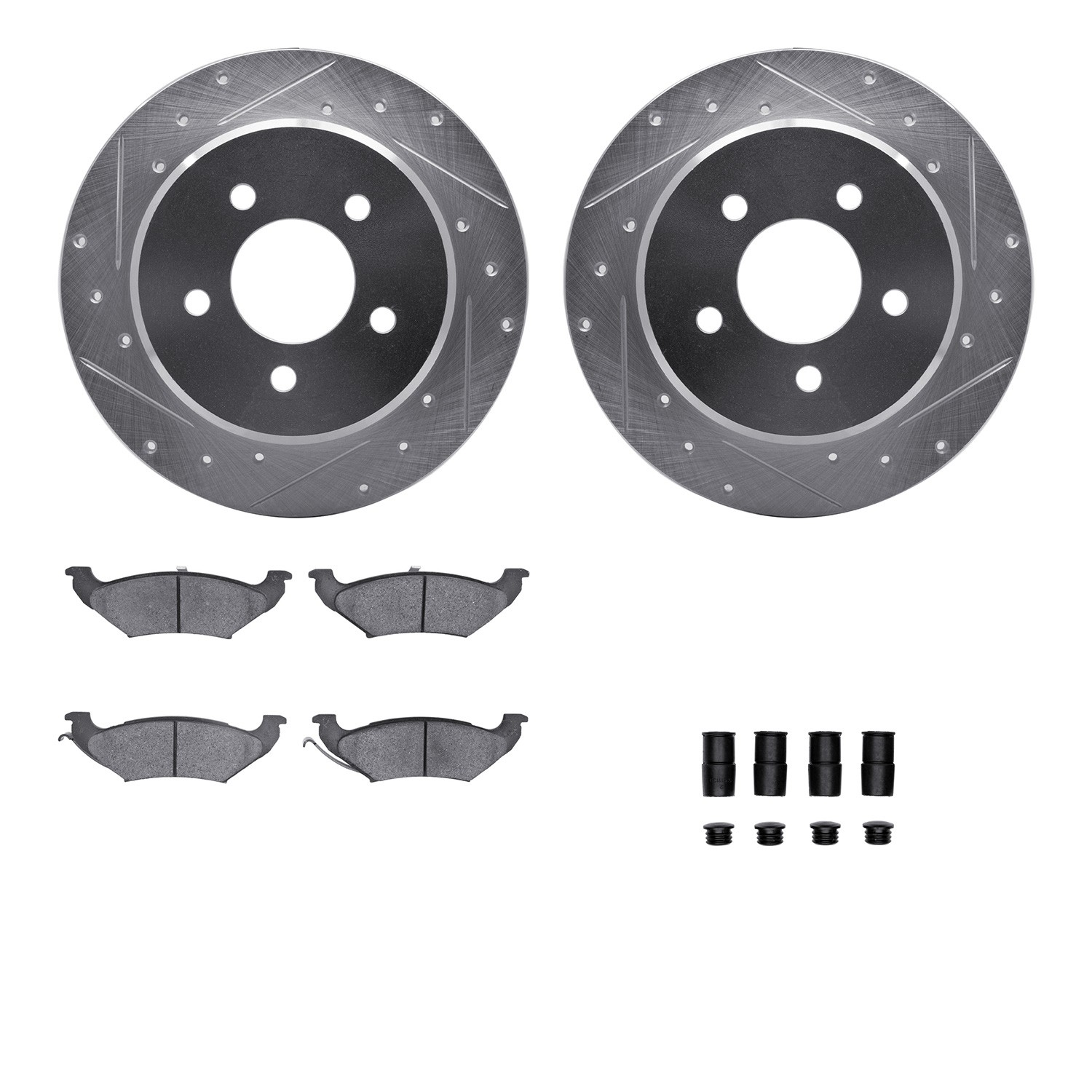 DFC Rotors-Drilled & Slotted-Silver w/ 5000 Advanced Brake Pads Incl Hdw
