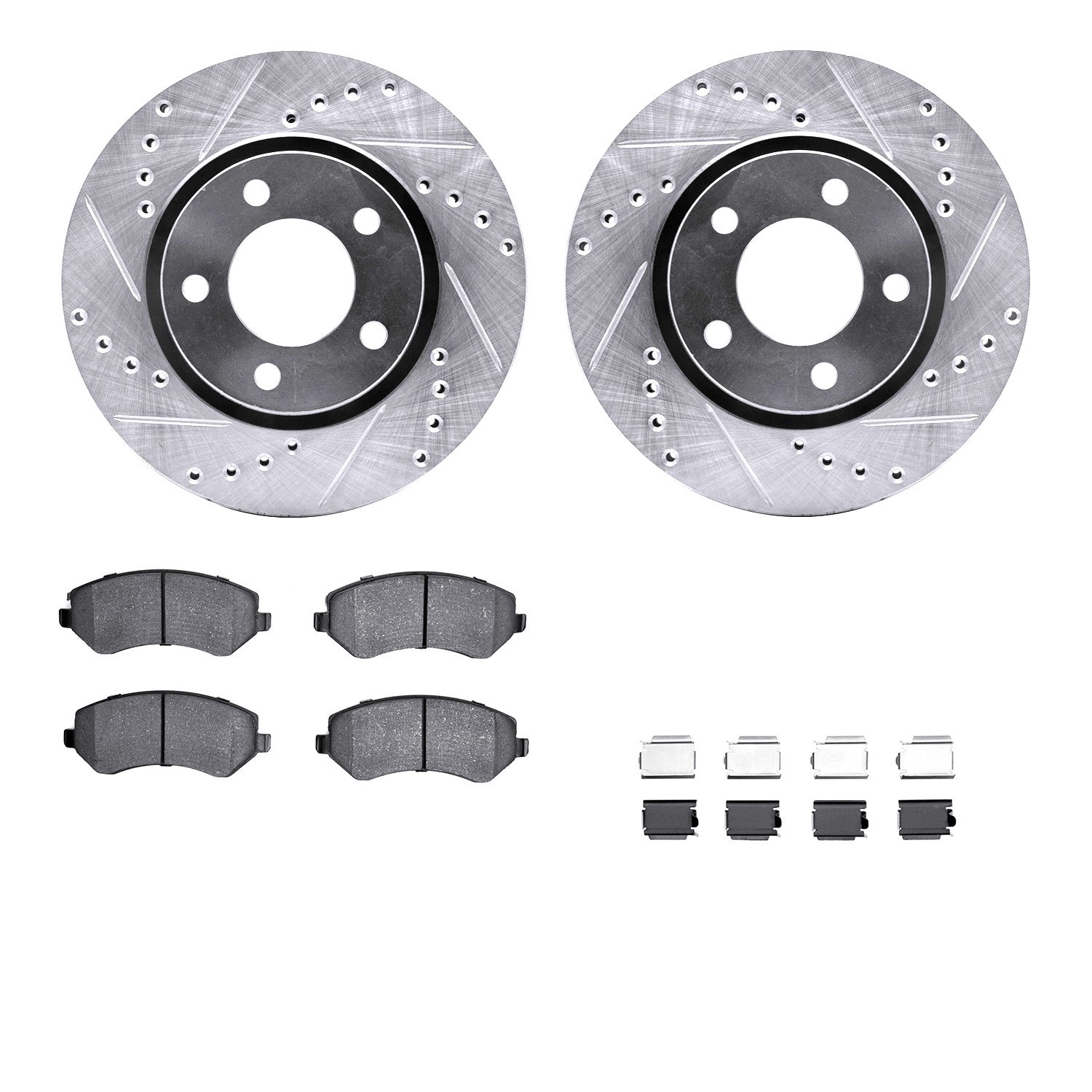 DFC Rotors-Drilled & Slotted-Silver w/ 5000 Advanced Brake Pads Incl Hdw