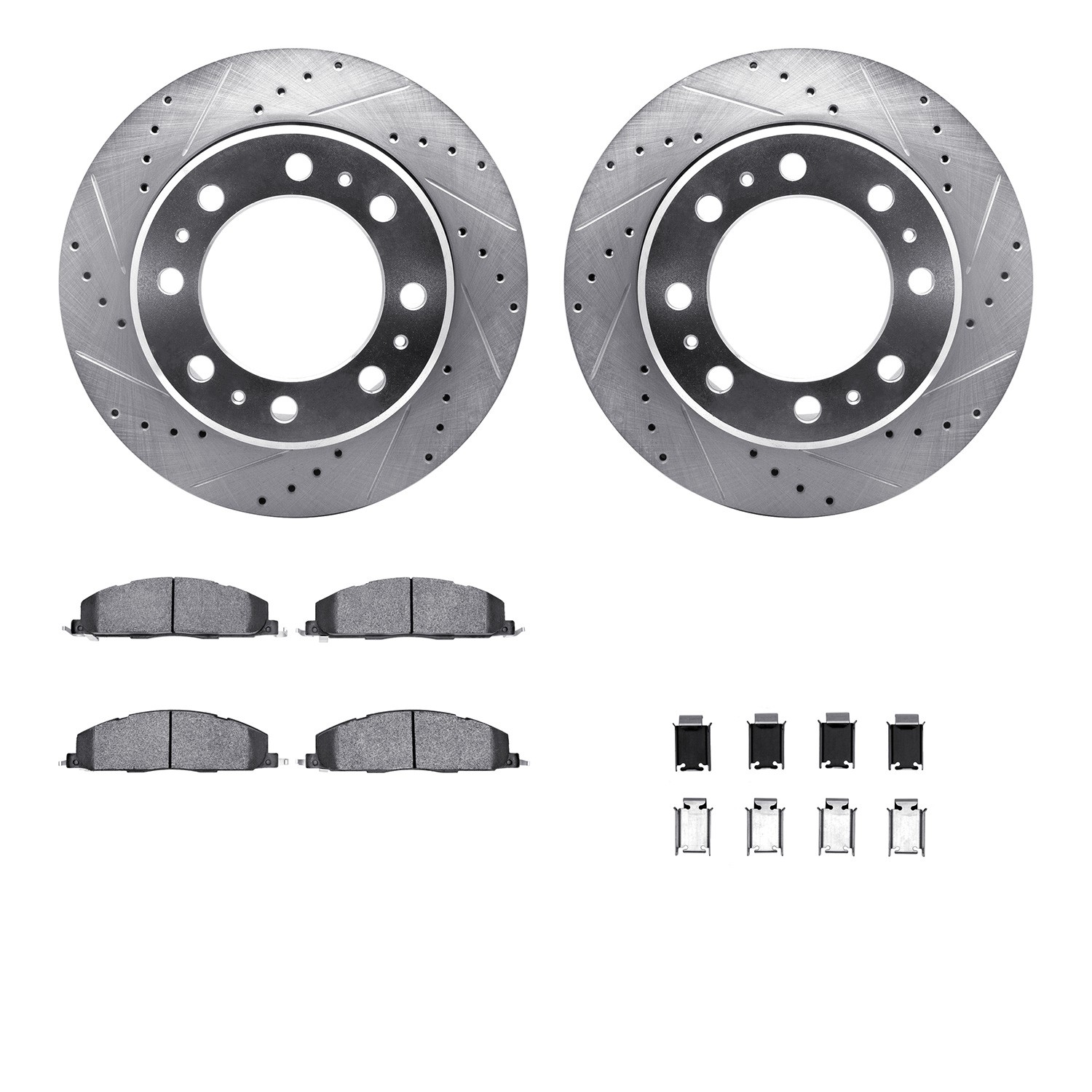 DFC Rotors-Drilled & Slotted-Silver w/ 5000 Advanced Brake Pads Incl Hdw