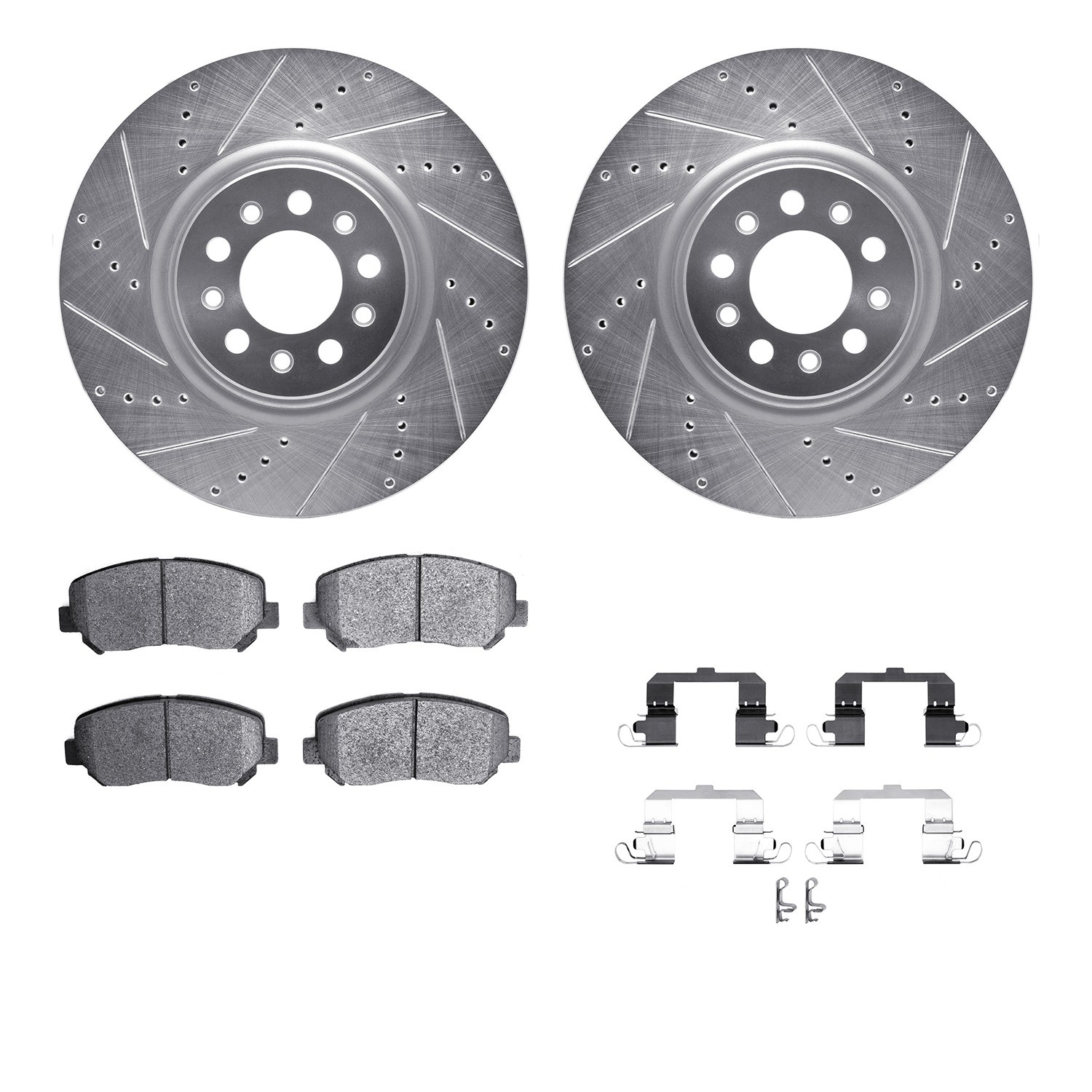 DFC Rotors-Drilled & Slotted-Silver w/ 5000 Advanced Brake Pads Incl Hdw