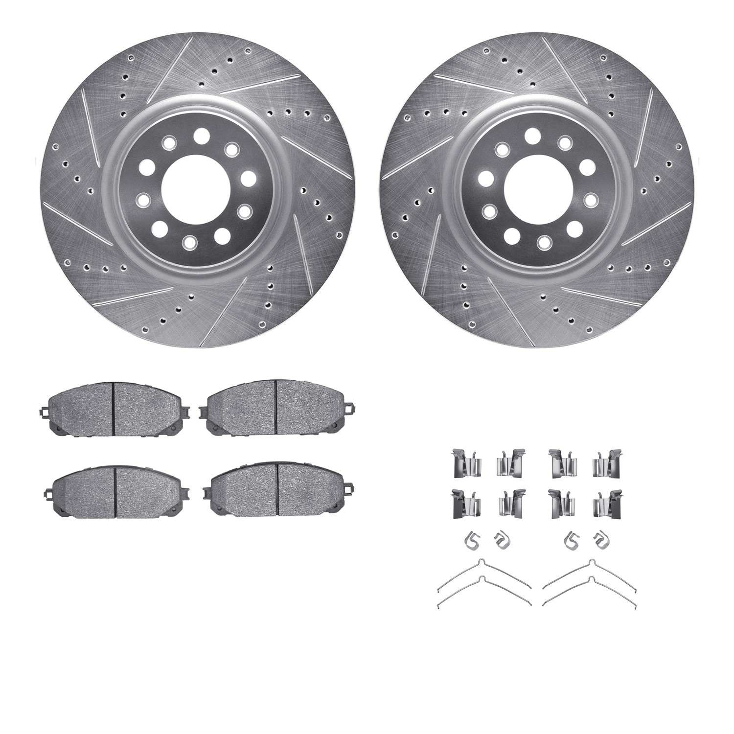 DFC Rotors-Drilled & Slotted-Silver w/ 5000 Advanced Brake Pads Incl Hdw