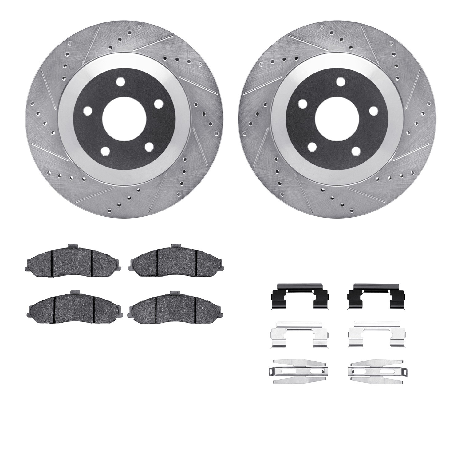 DFC Rotors-Drilled & Slotted-Silver w/ 5000 Advanced Brake Pads Incl Hdw