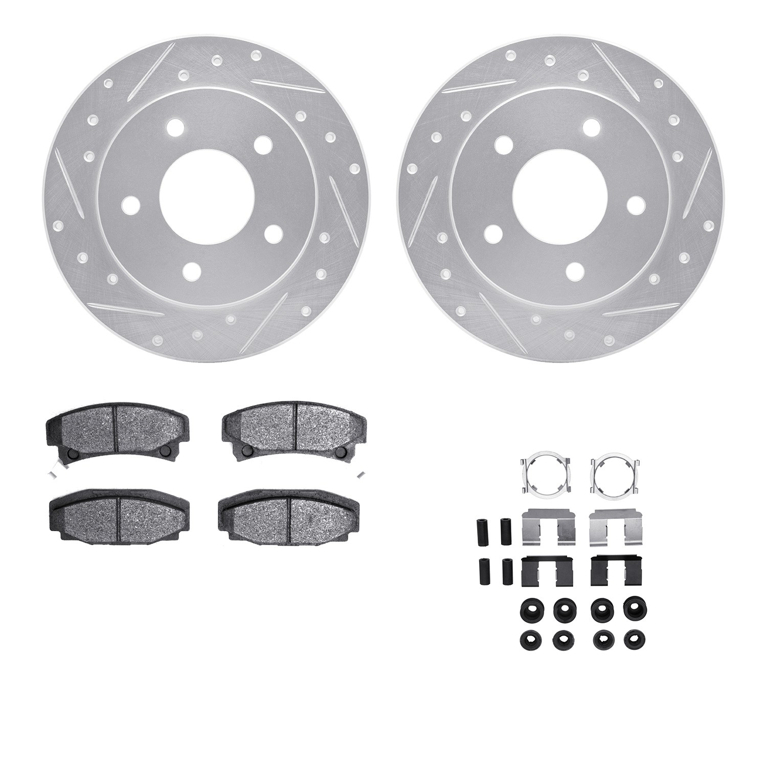 DFC Rotors-Drilled & Slotted-Silver w/ 5000 Advanced Brake Pads Incl Hdw