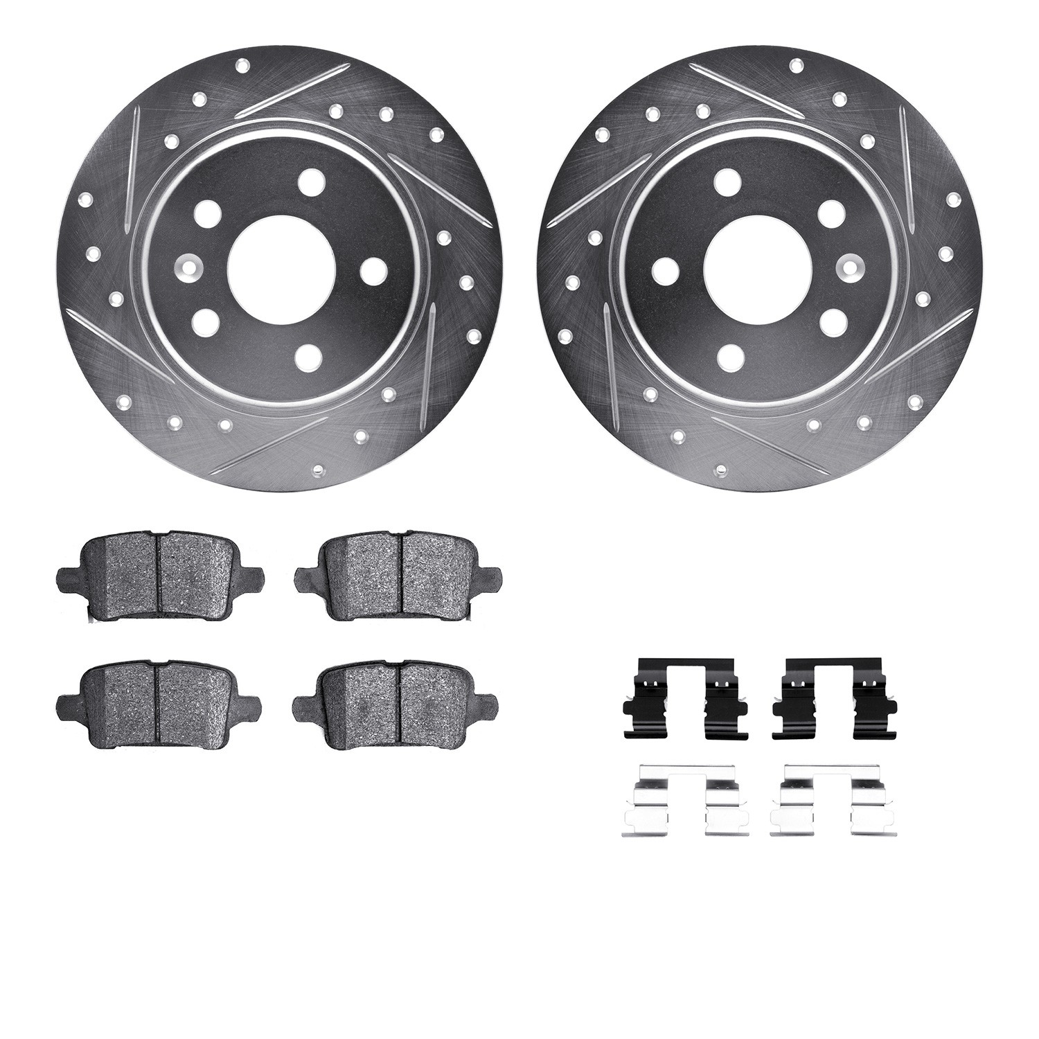 DFC Rotors-Drilled & Slotted-Silver w/ 5000 Advanced Brake Pads Incl Hdw