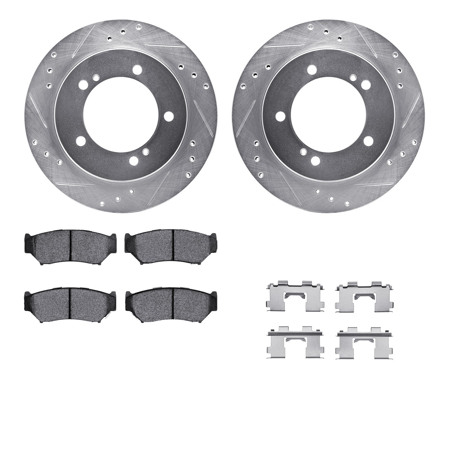 DFC Rotors-Drilled & Slotted-Silver w/ 5000 Advanced Brake Pads Incl Hdw