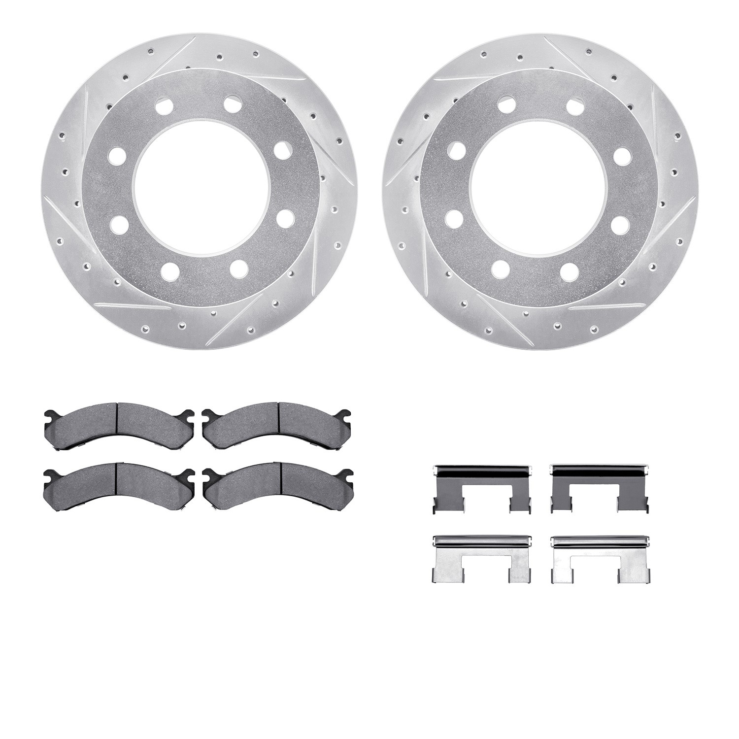 DFC Brake Rotor - Dimpled & Slotted - Silver w/5000 Brake Pads & HW Kit