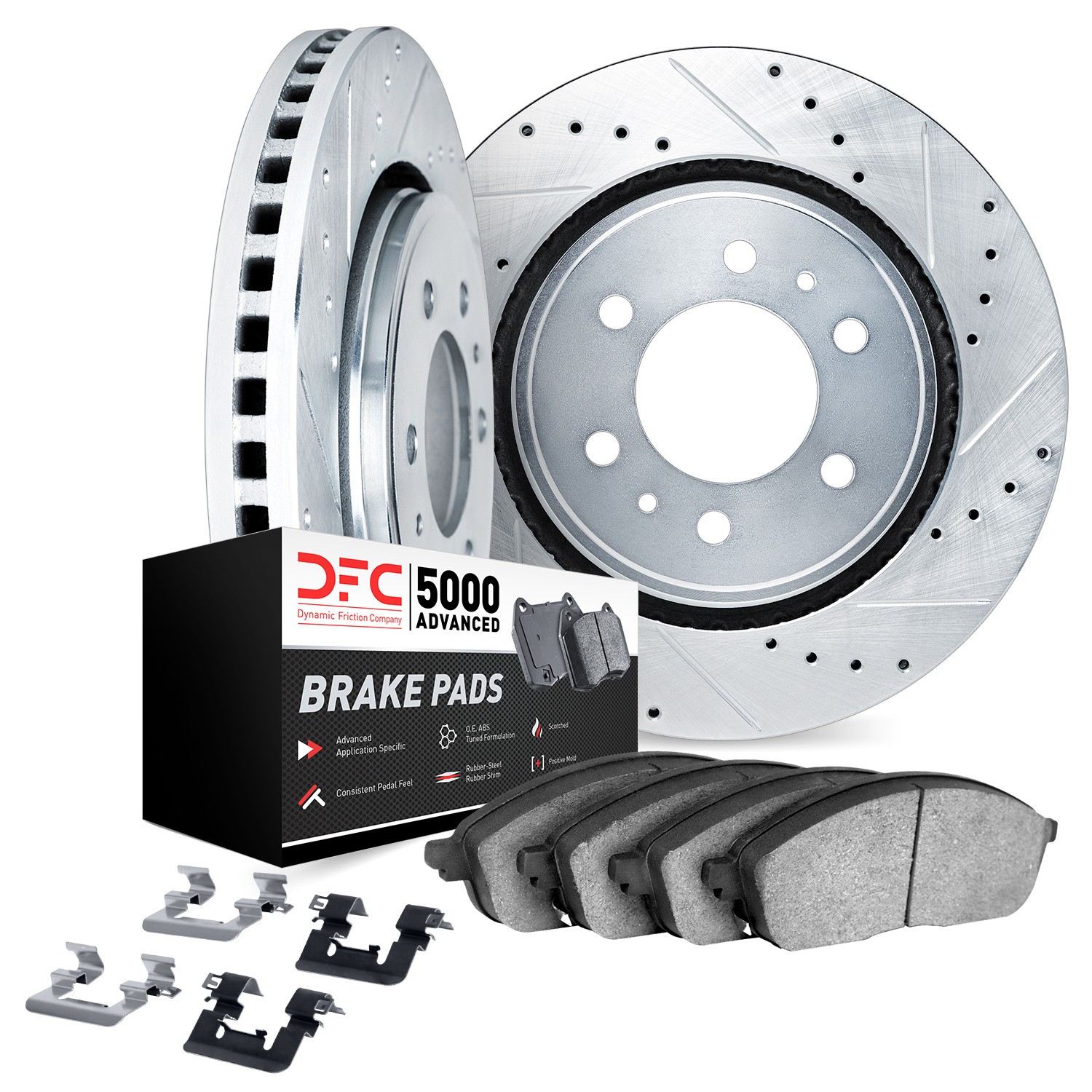 DFC Brake Rotor - Dimpled & Slotted - Silver w/5000 Brake Pads & HW Kit
