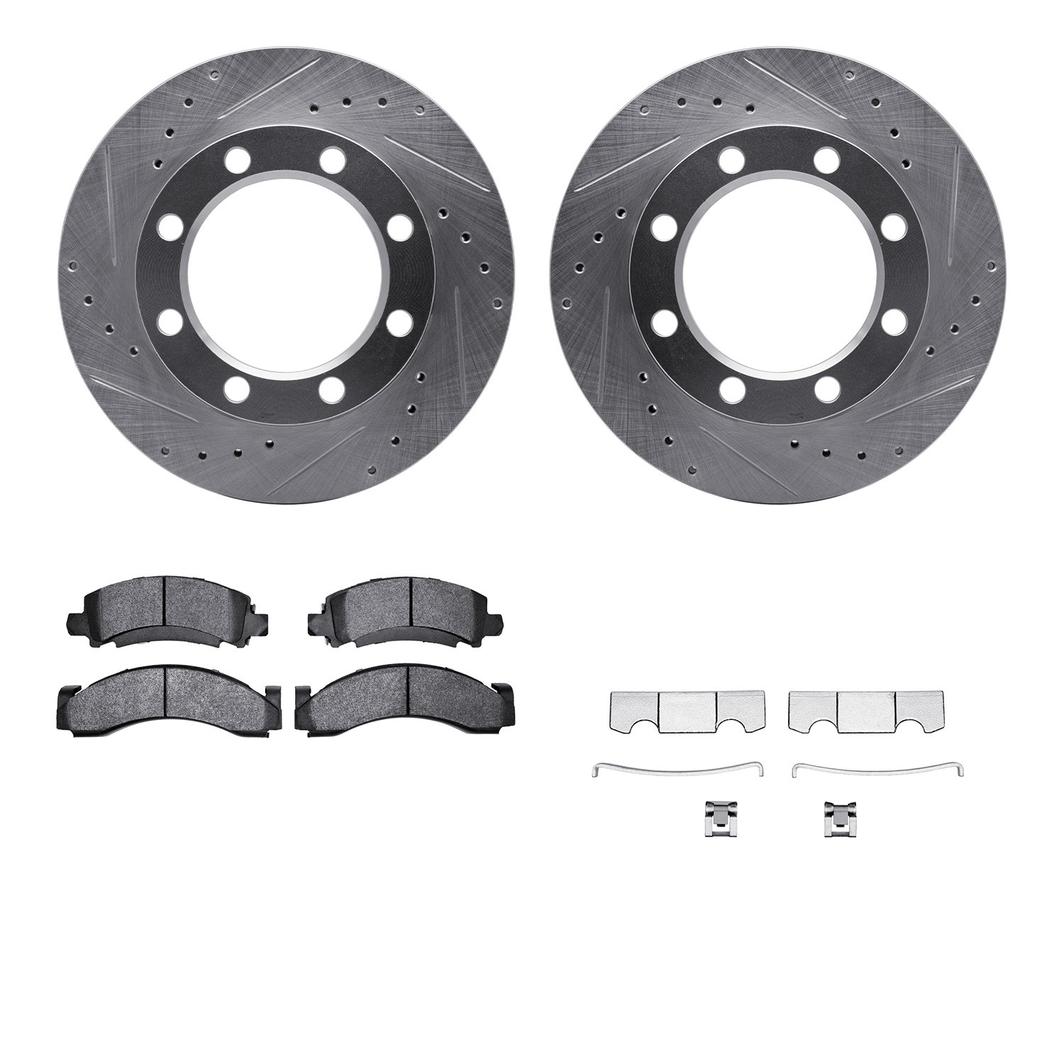 DFC Rotors-Drilled & Slotted-Silver w/ 5000 Advanced Brake Pads Incl Hdw