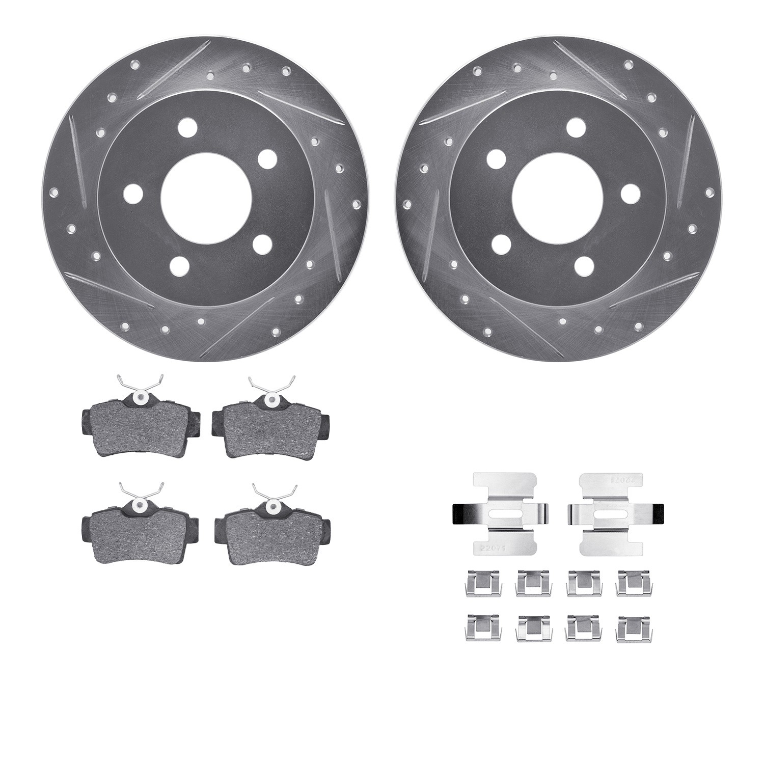 DFC Rotors-Drilled & Slotted-Silver w/ 5000 Advanced Brake Pads Incl Hdw