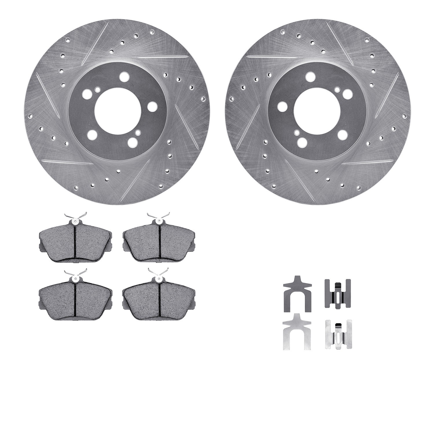 DFC Rotors-Drilled & Slotted-Silver w/ 5000 Advanced Brake Pads Incl Hdw