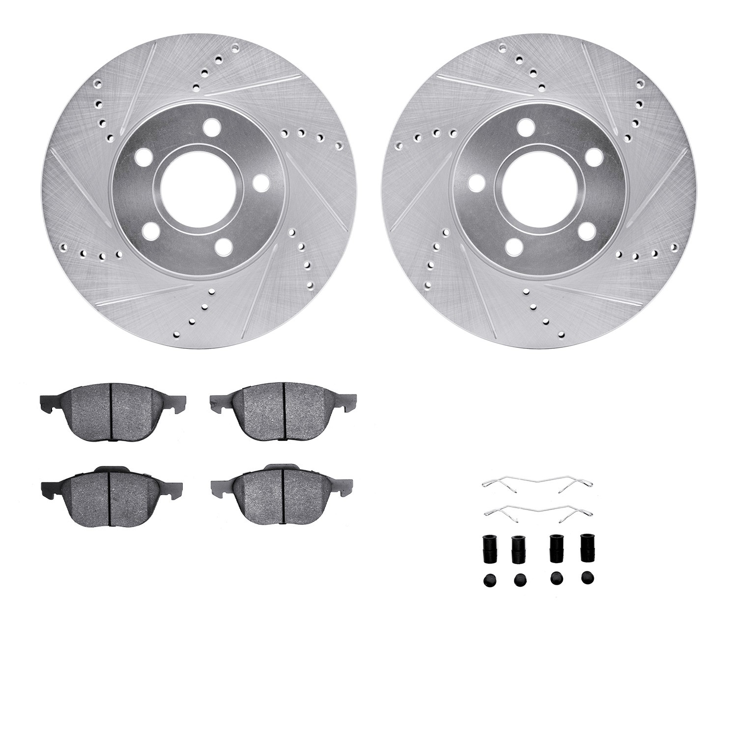 DFC Rotors-Drilled & Slotted-Silver w/ 5000 Advanced Brake Pads Incl Hdw