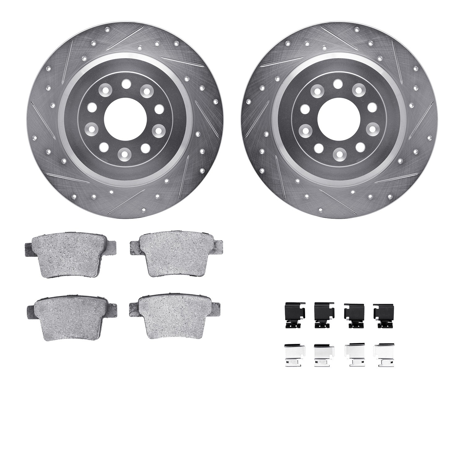 DFC Rotors-Drilled & Slotted-Silver w/ 5000 Advanced Brake Pads Incl Hdw