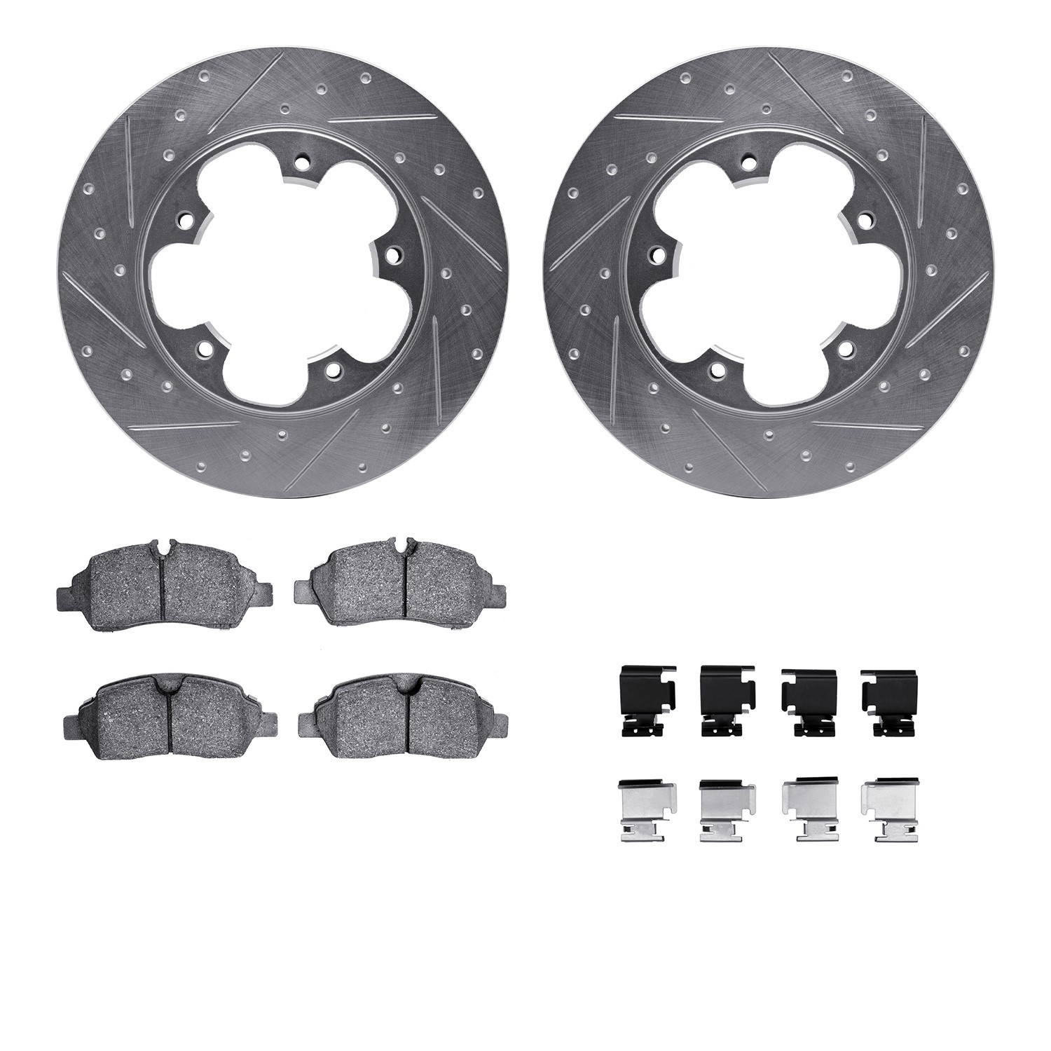 DFC Rotors-Drilled & Slotted-Silver w/ 5000 Advanced Brake Pads Incl Hdw