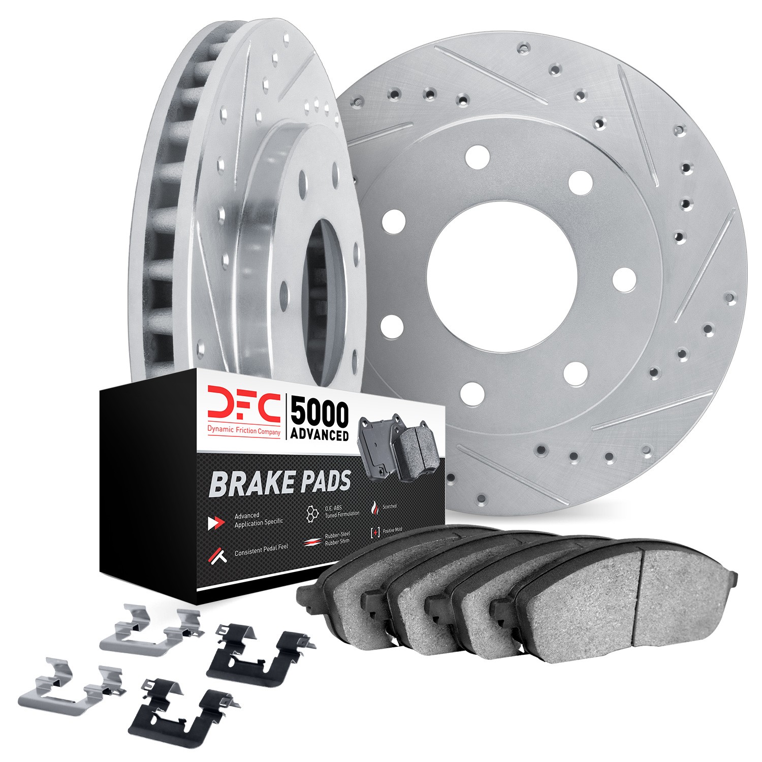 DFC Brake Rotor - Dimpled & Slotted - Silver w/5000 Brake Pads & HW Kit
