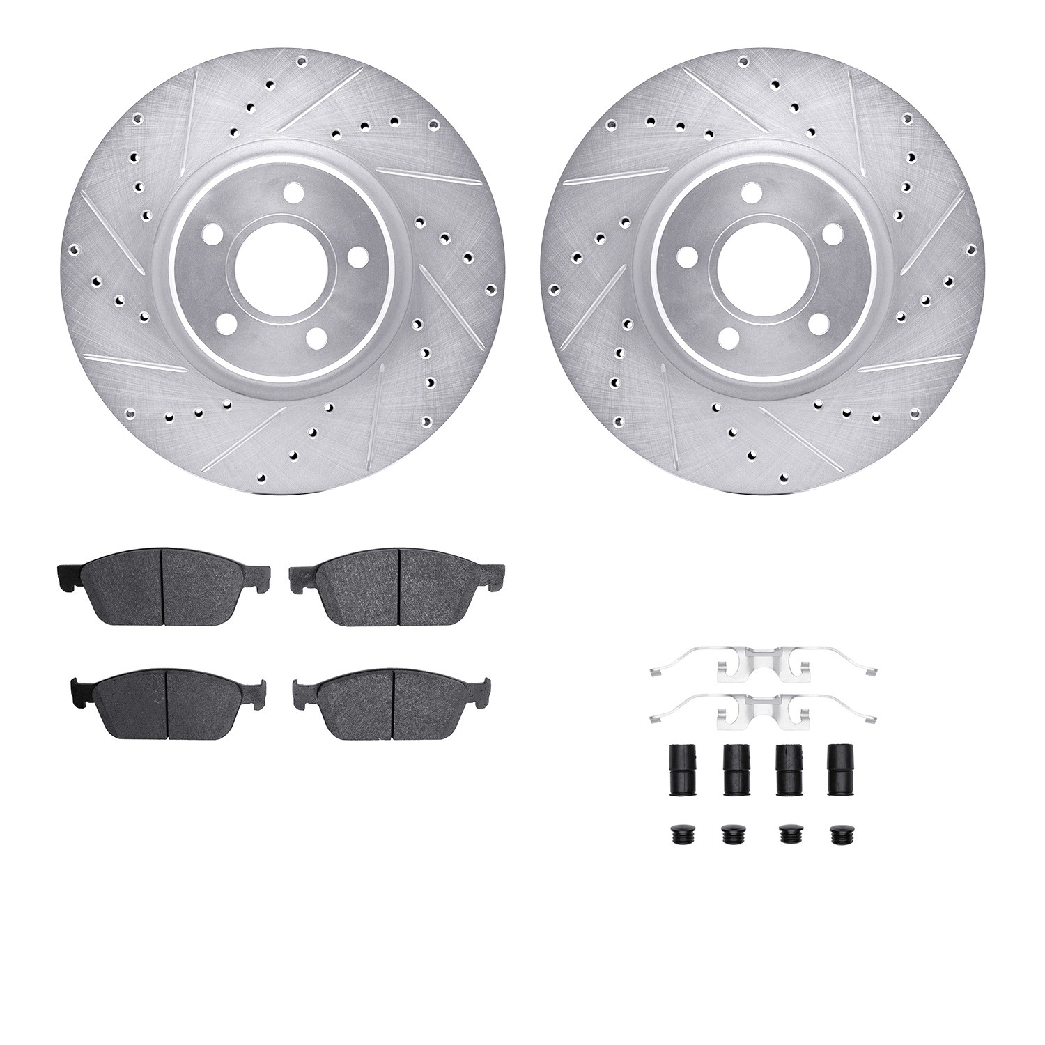 DFC Brake Rotor - Dimpled & Slotted - Silver w/5000 Brake Pads & HW Kit