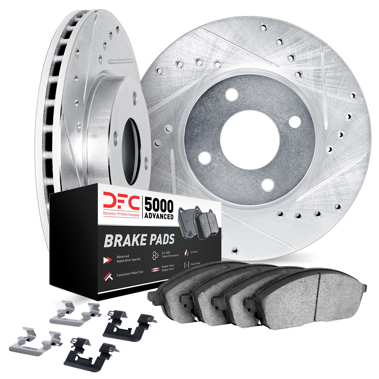 DFC Rotors-Drilled & Slotted-Silver w/ 5000 Advanced Brake Pads Incl Hdw