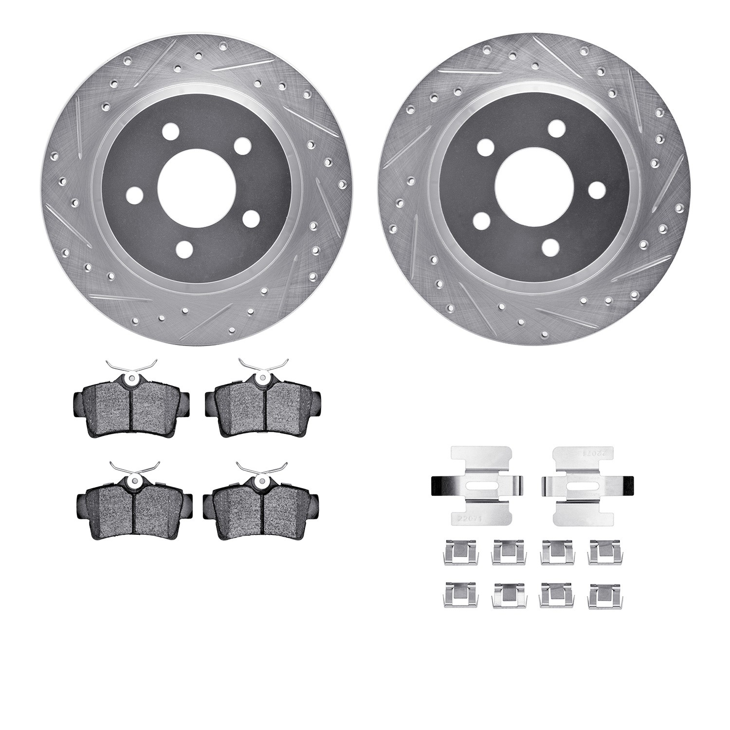DFC Rotors-Drilled & Slotted-Silver w/ 5000 Advanced Brake Pads Incl Hdw