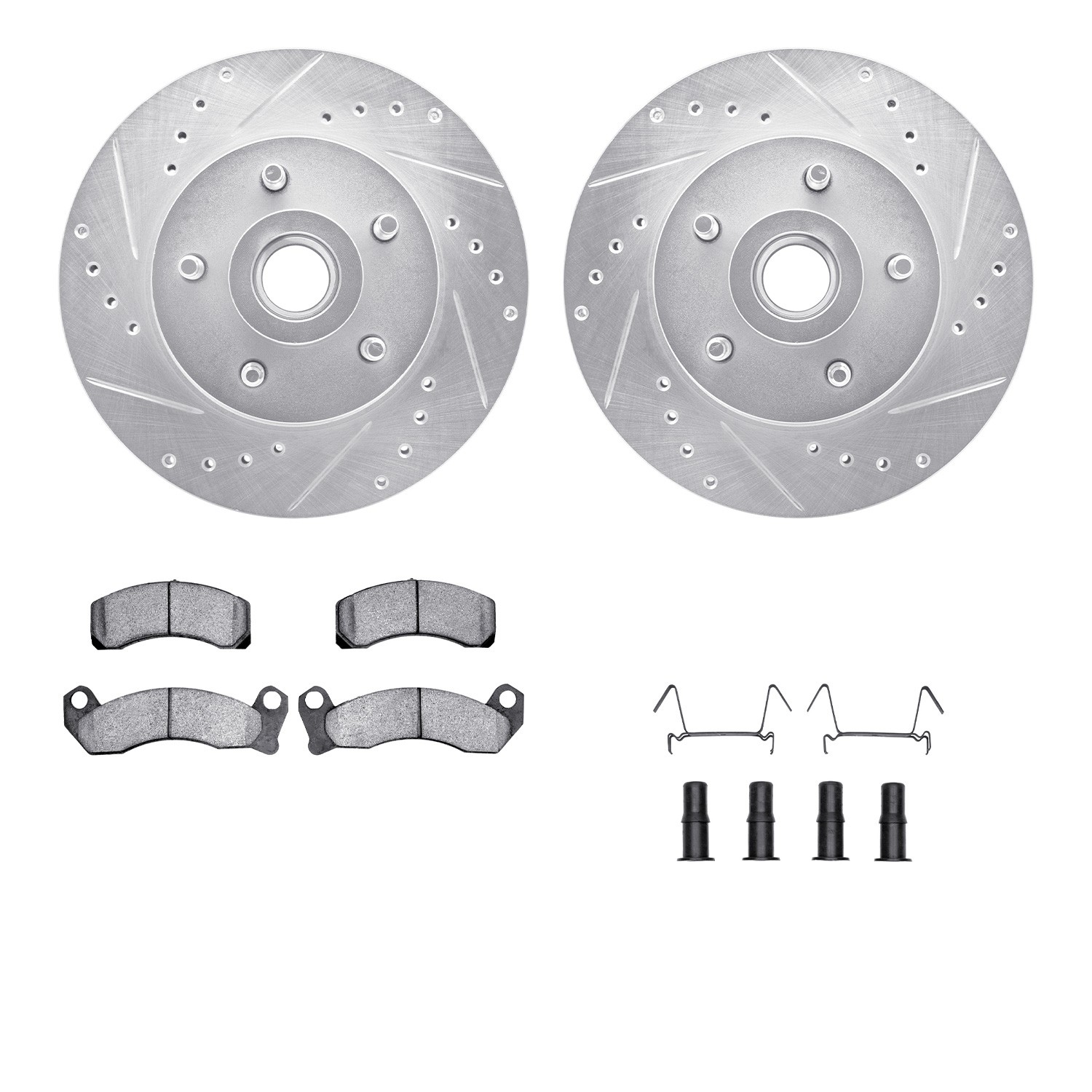 DFC Rotors-Drilled & Slotted-Silver w/ 5000 Advanced Brake Pads Incl Hdw