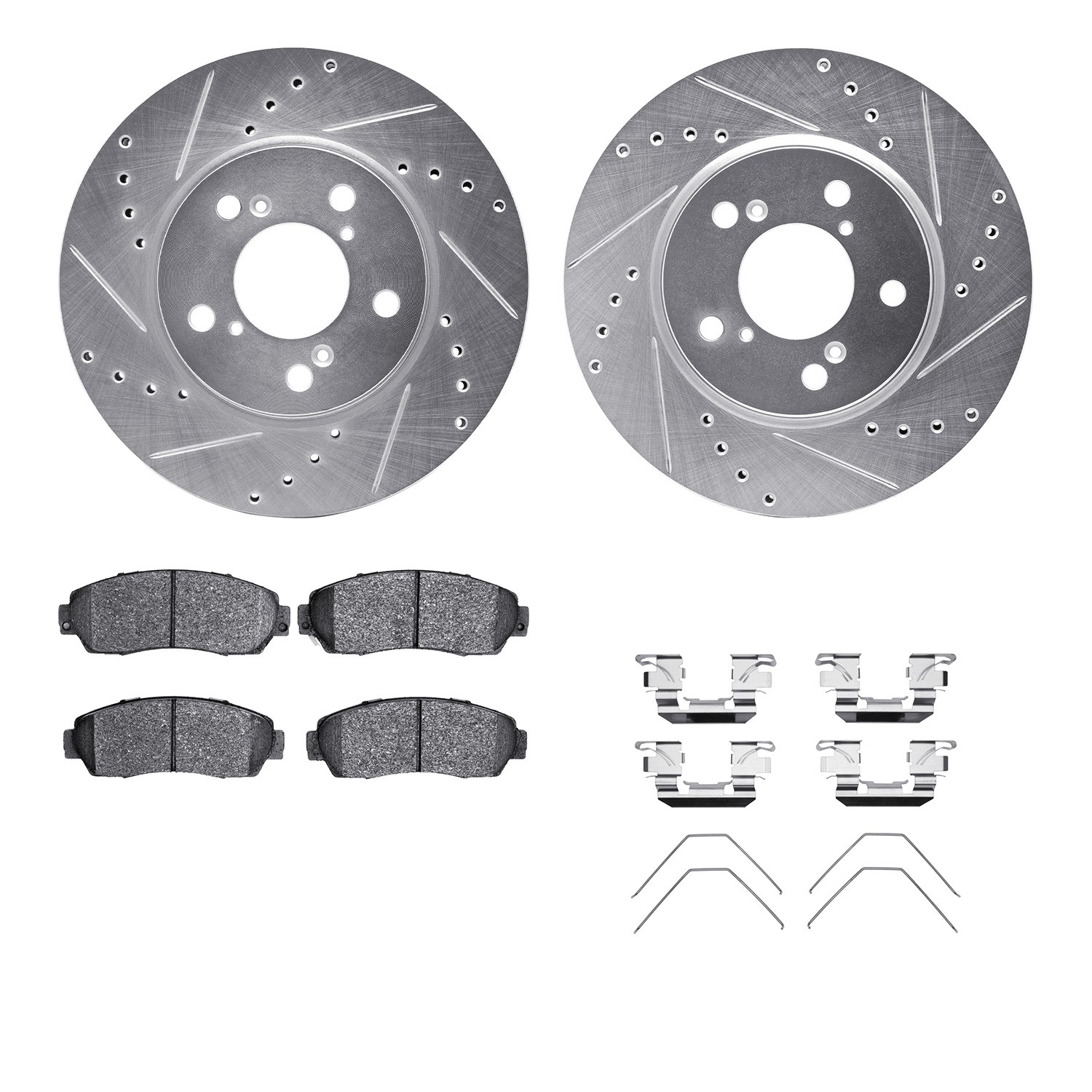 DFC Rotors-Drilled & Slotted-Silver w/ 5000 Advanced Brake Pads Incl Hdw