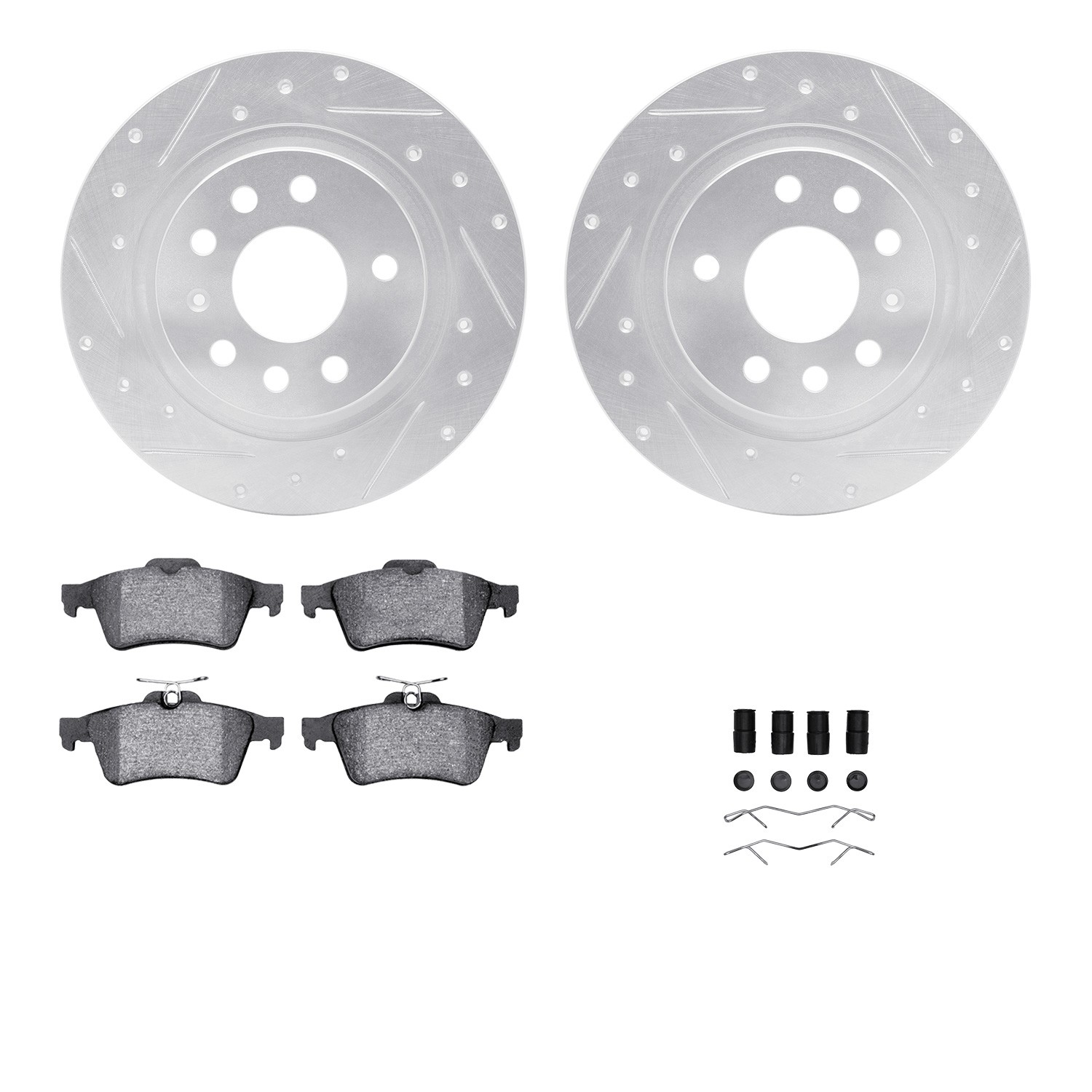 DFC Rotors-Drilled & Slotted-Silver w/ 5000 Advanced Brake Pads Incl Hdw