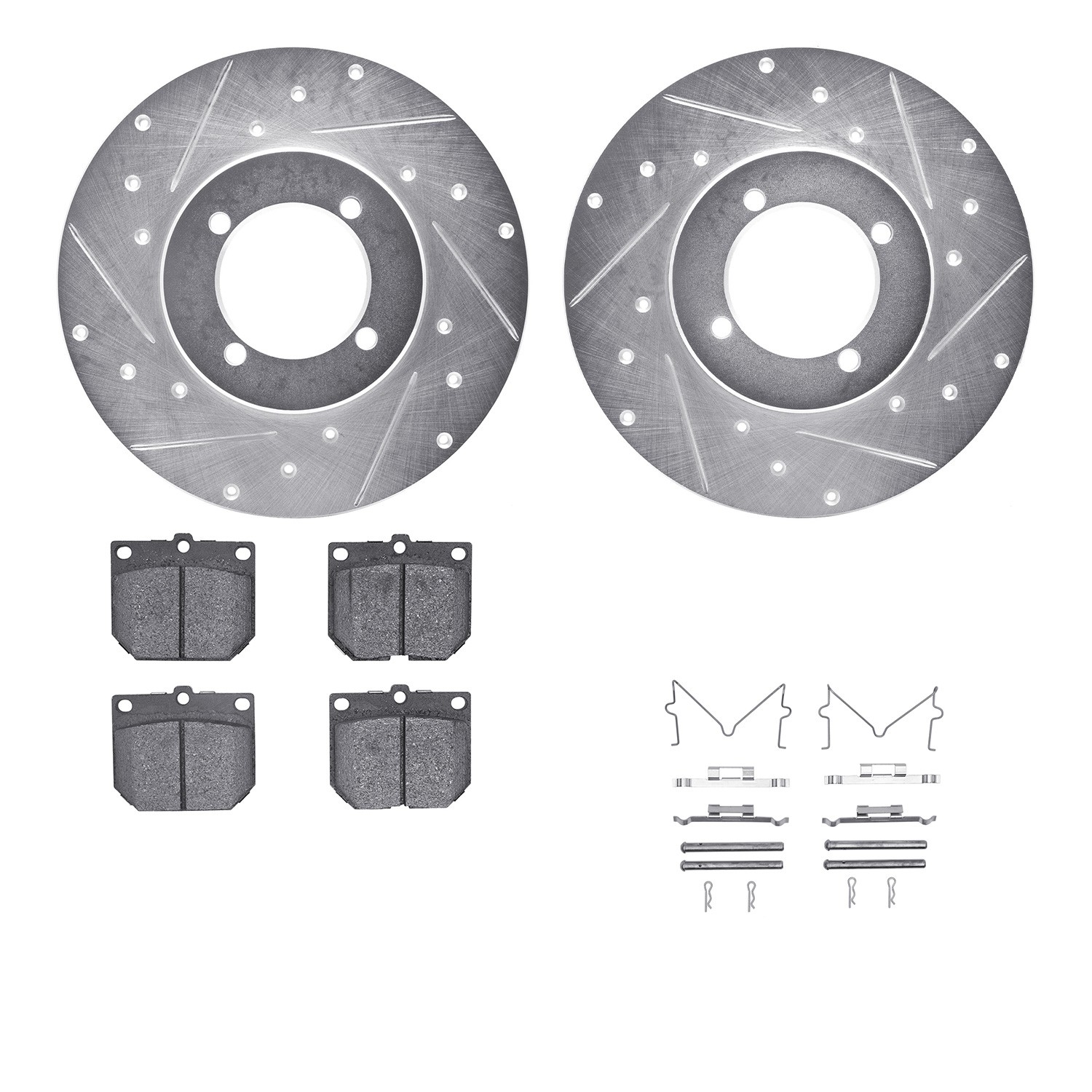 DFC Rotors-Drilled & Slotted-Silver w/ 5000 Advanced Brake Pads Incl Hdw